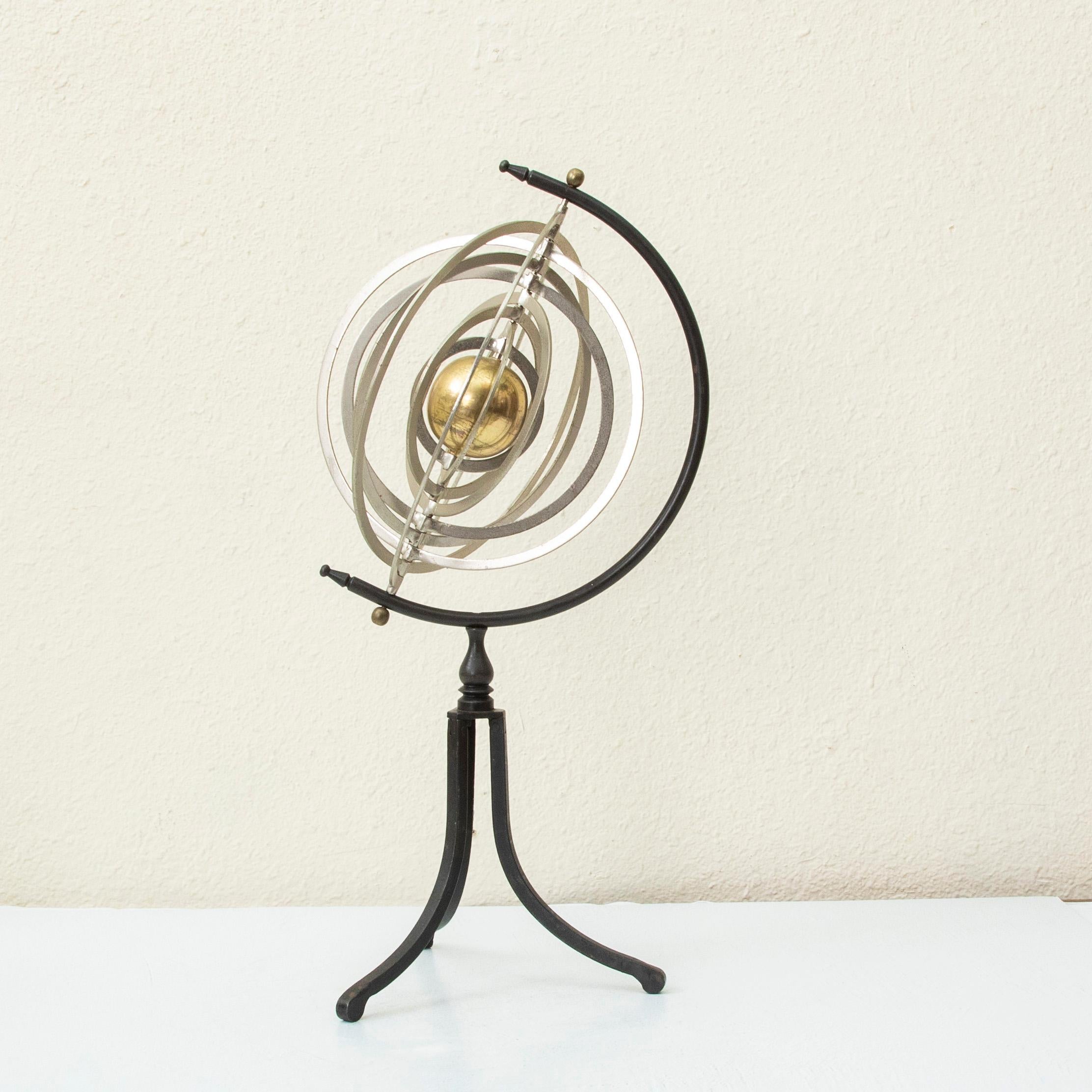 Mid-20th Century French Artistan-Made Brass and Steel Astrolabe on Iron Base 1