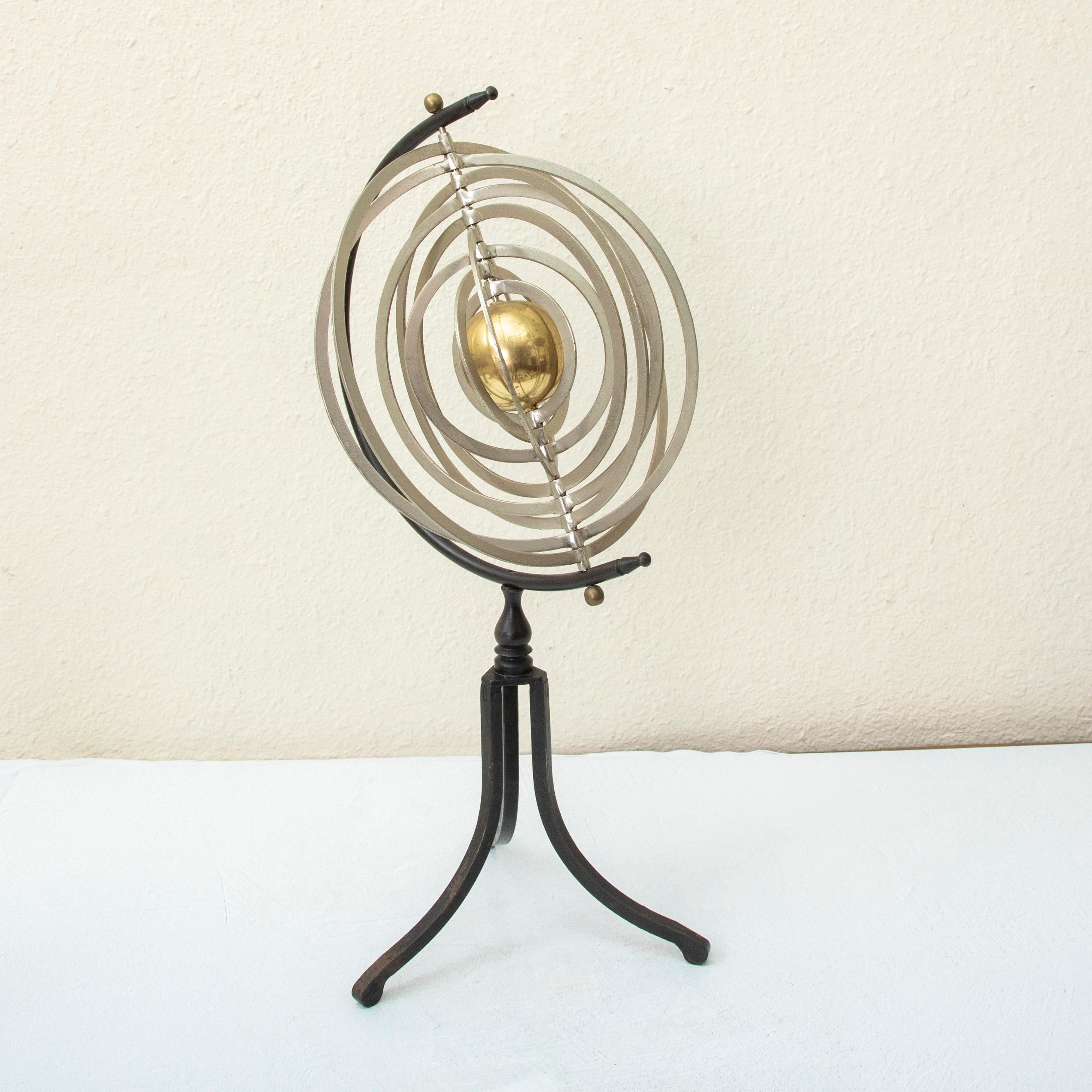 Mid-20th Century French Artistan-Made Brass and Steel Astrolabe on Iron Base 3