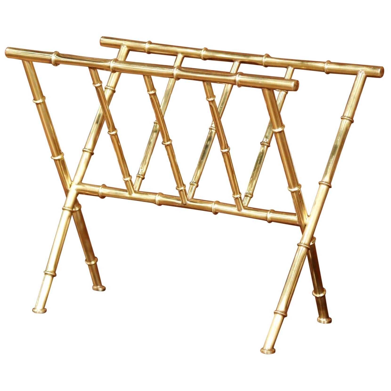 Mid-20th Century French Bamboo Brass Magazine Rack from Maison Baguès, Paris