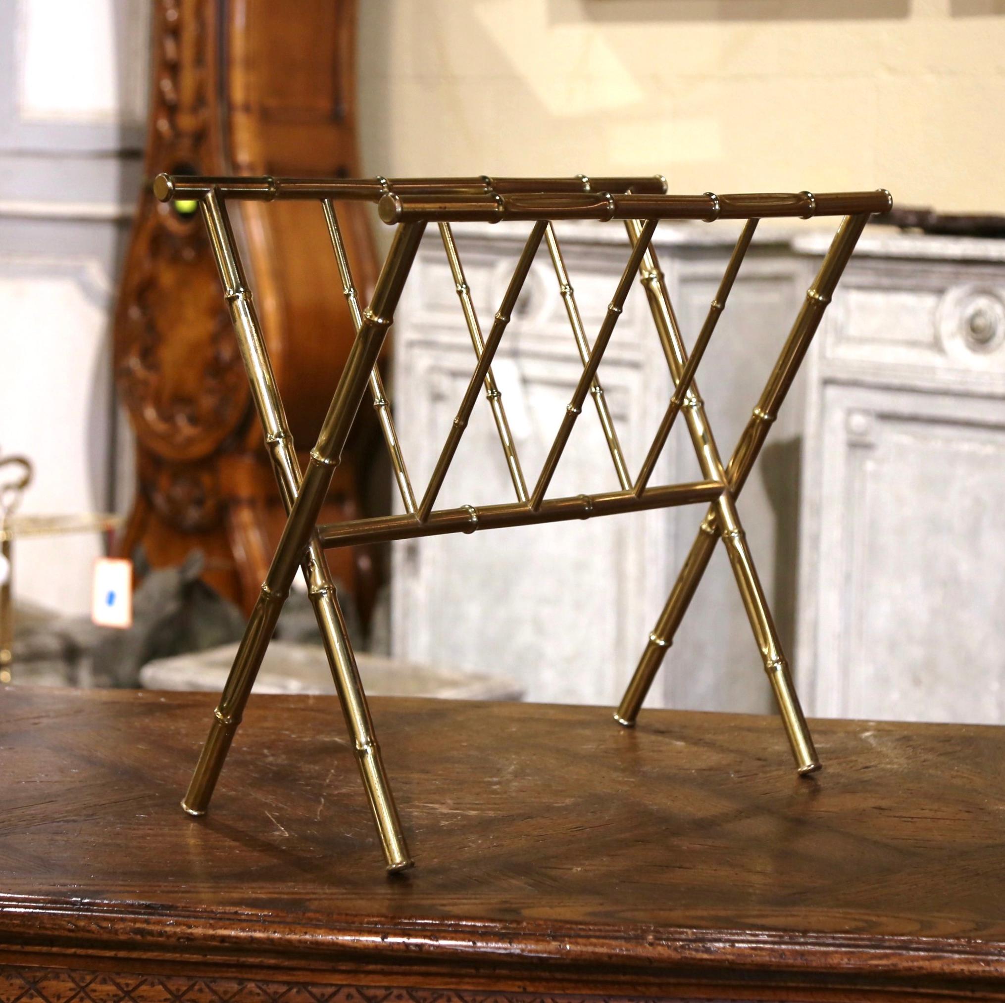 Mid-20th Century French Bamboo Brass Magazine Rack Maison Baguès Style In Excellent Condition For Sale In Dallas, TX