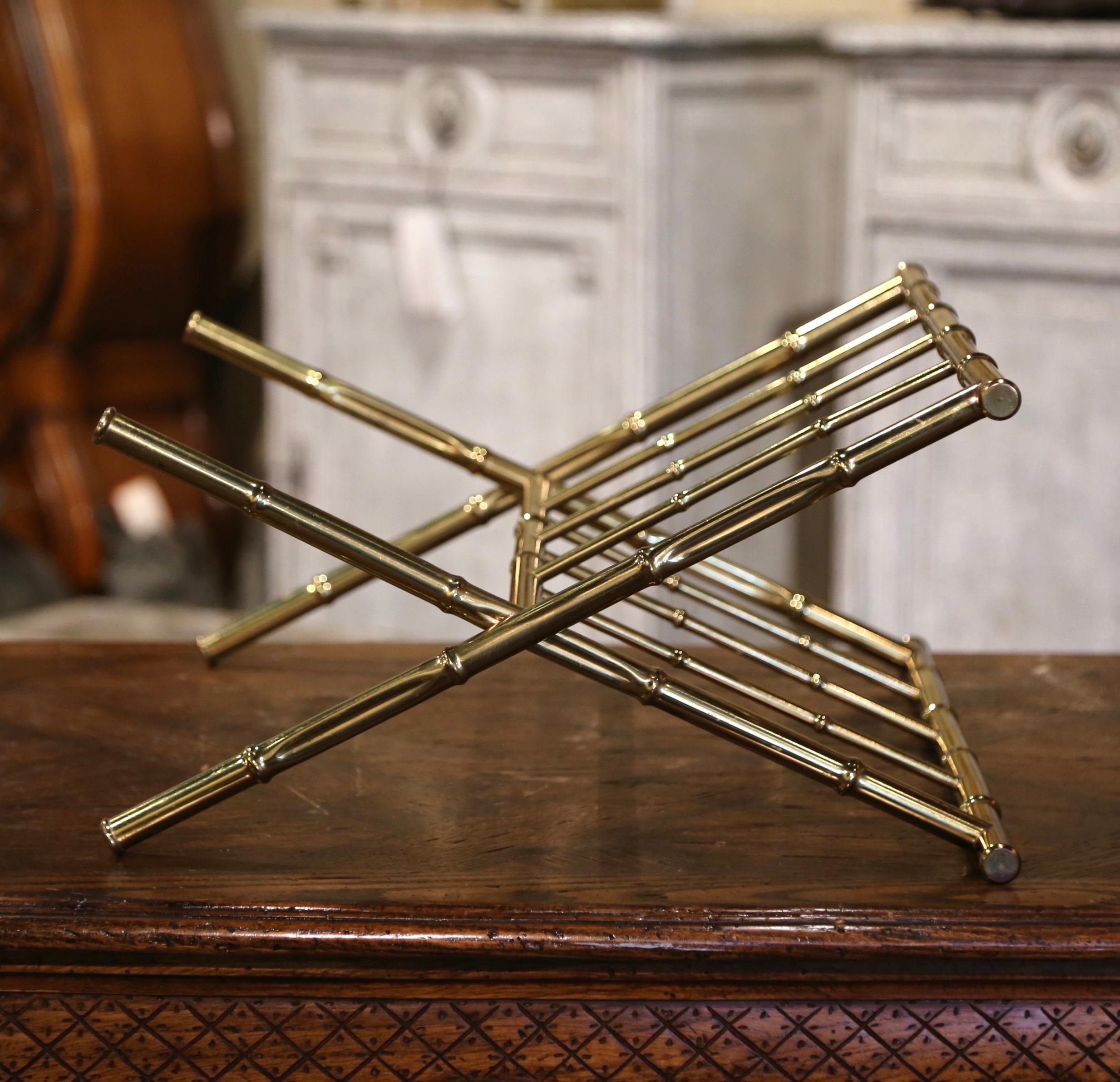 Mid-20th Century French Bamboo Brass Magazine Rack Maison Baguès Style For Sale 2