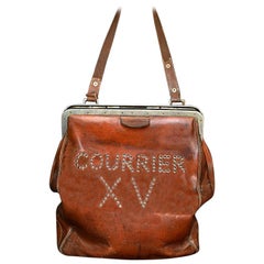 Mid-20th Century French Bank Courier Leather and Brass Bag