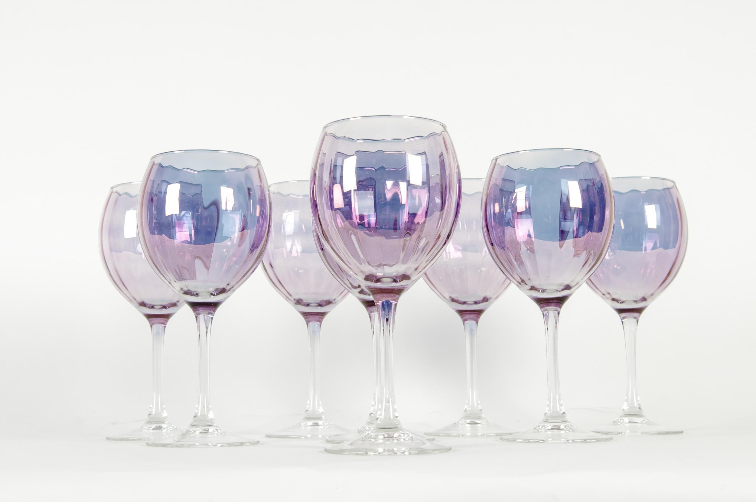 Mid-20th century French Iridescent barware / tableware wine, water glassware service for eight people. Each glass is in great vintage condition. Maker's mark underside. Each glass measure about 7.8 inches high x 3 inches diameter.