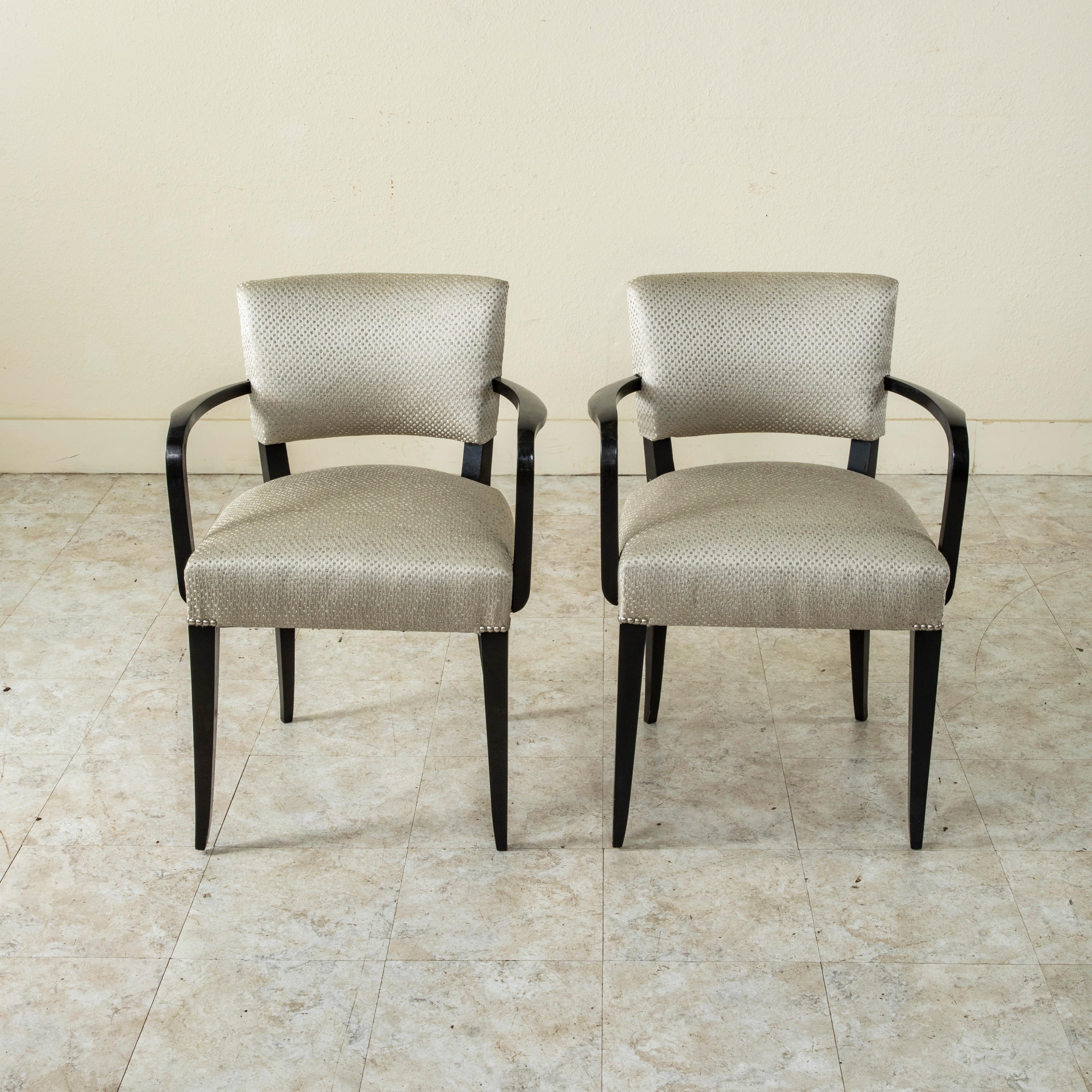 Lacquered Mid-20th Century French Black Lacquer Bridge Chairs with Nail Head Trim For Sale