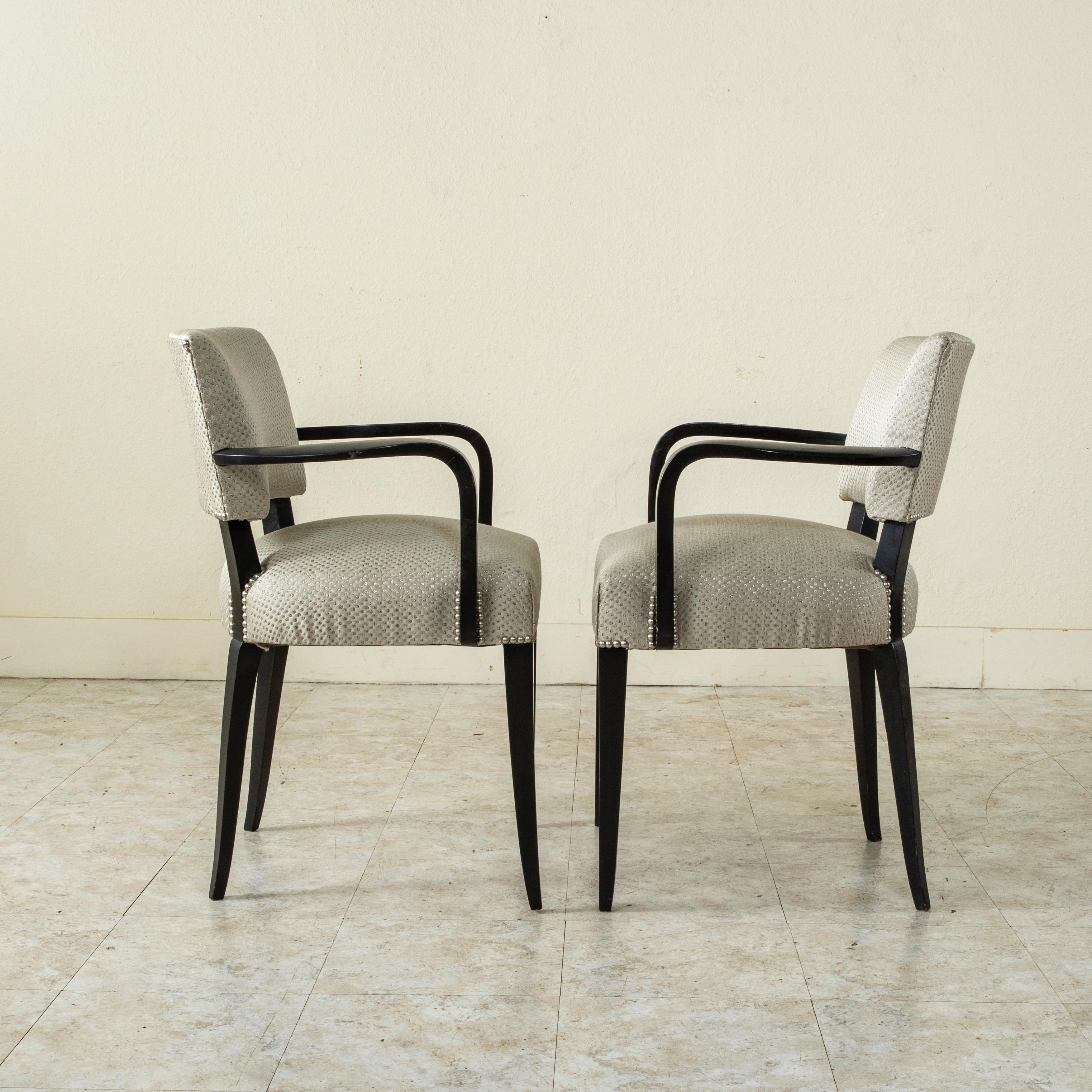 Ash Mid-20th Century French Black Lacquer Bridge Chairs with Nail Head Trim For Sale
