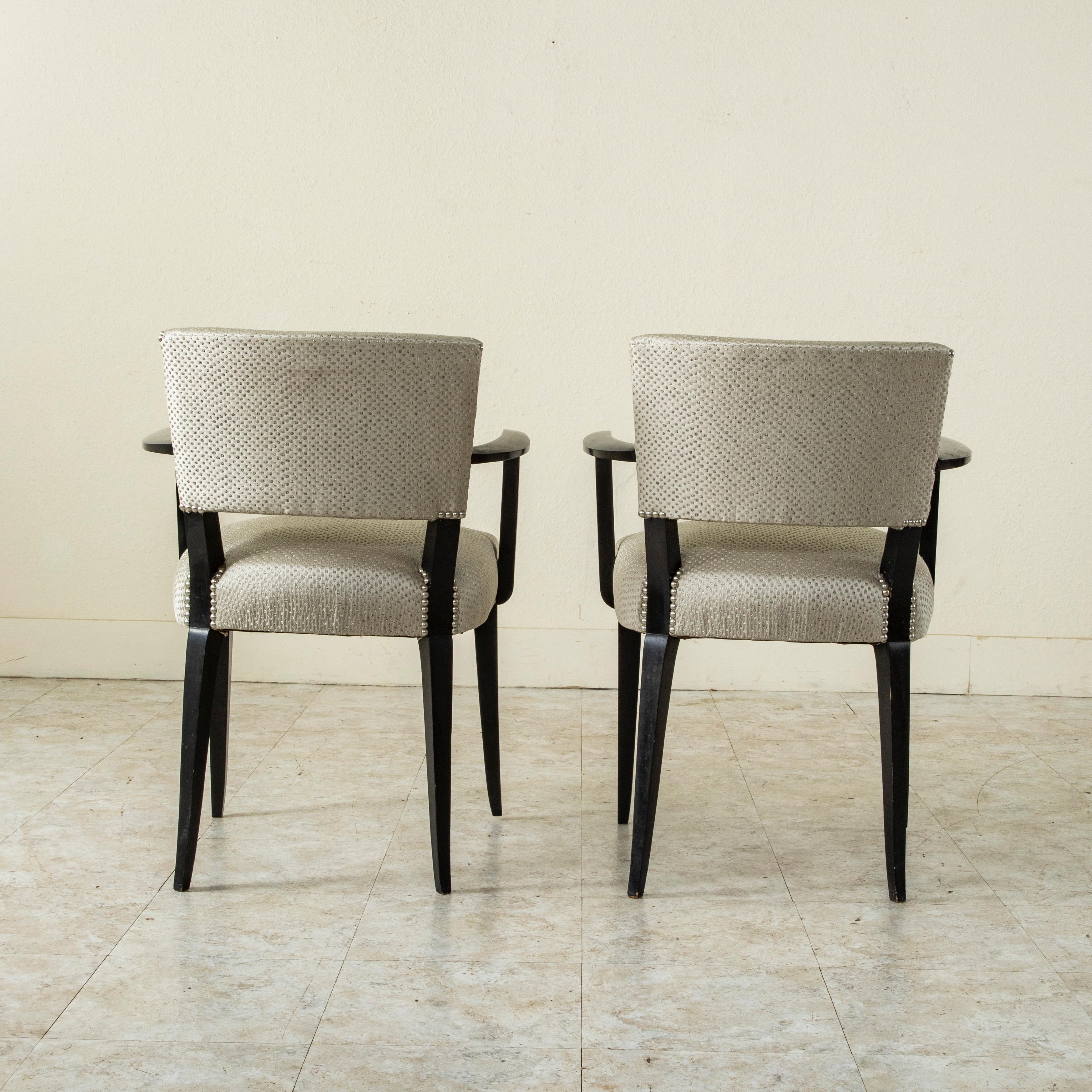 Mid-20th Century French Black Lacquer Bridge Chairs with Nail Head Trim For Sale 1