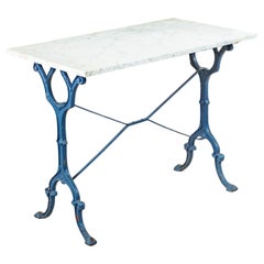 Vintage Mid-20th Century French Blue Painted Iron and Marble Bistro Table