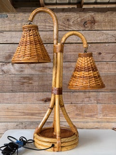 Mid-20th Century French Boho Double Rattan Table Lamp Manner of Louis Sognot