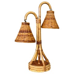 Mid-20th Century French Boho Double Rattan Table Lamp Manner of Louis Sognot