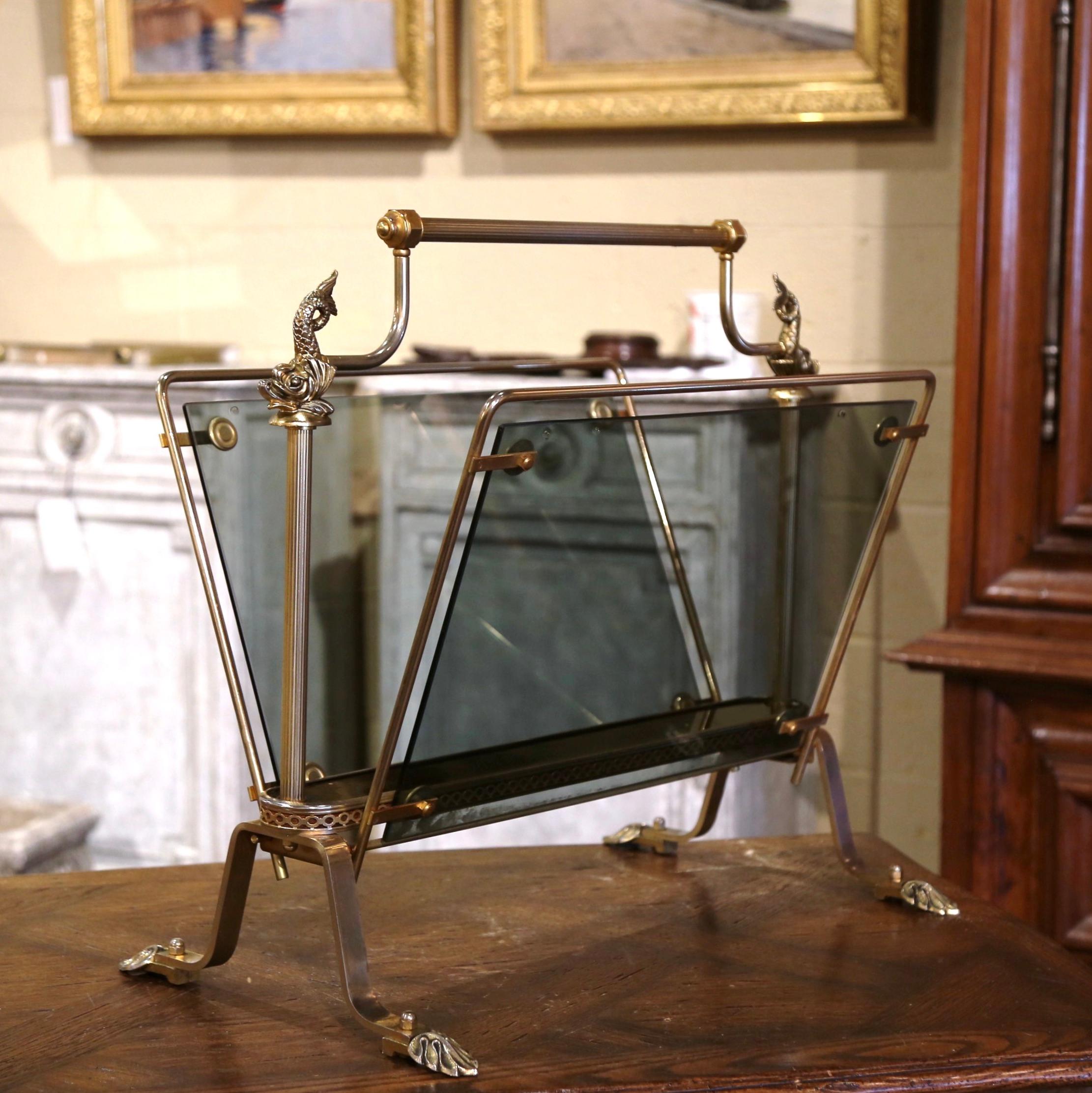 Hand-Crafted Mid-20th Century, French Brass and Glass Magazine Rack Maison Jansen Style