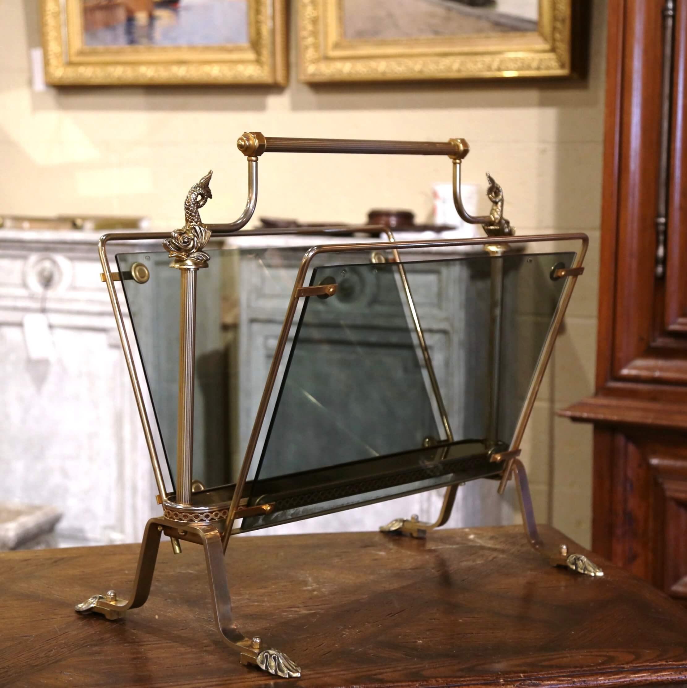 Mid-20th Century, French Brass and Glass Magazine Rack Maison Jansen Style In Excellent Condition In Dallas, TX