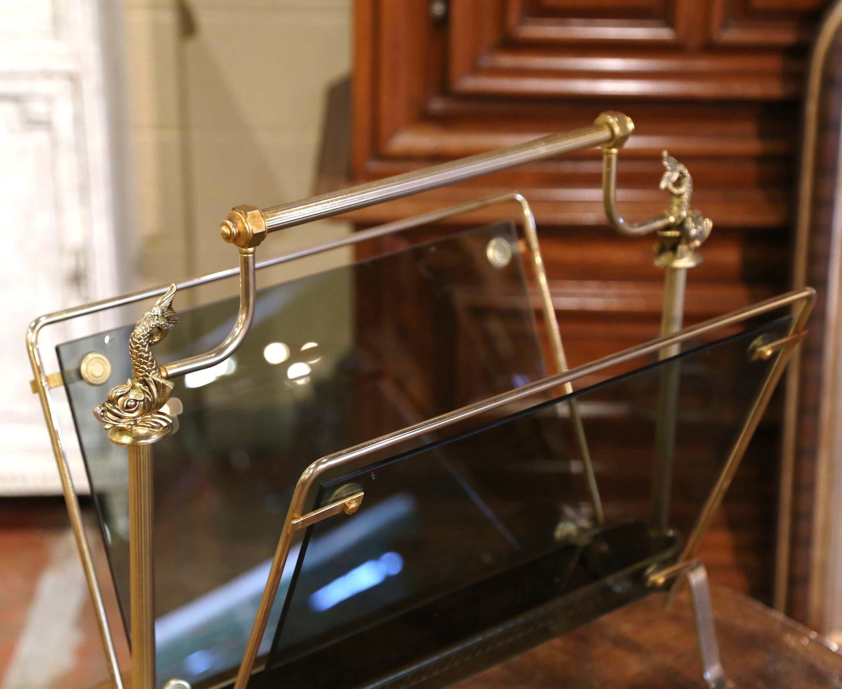 Mid-20th Century, French Brass and Glass Magazine Rack Maison Jansen Style 1
