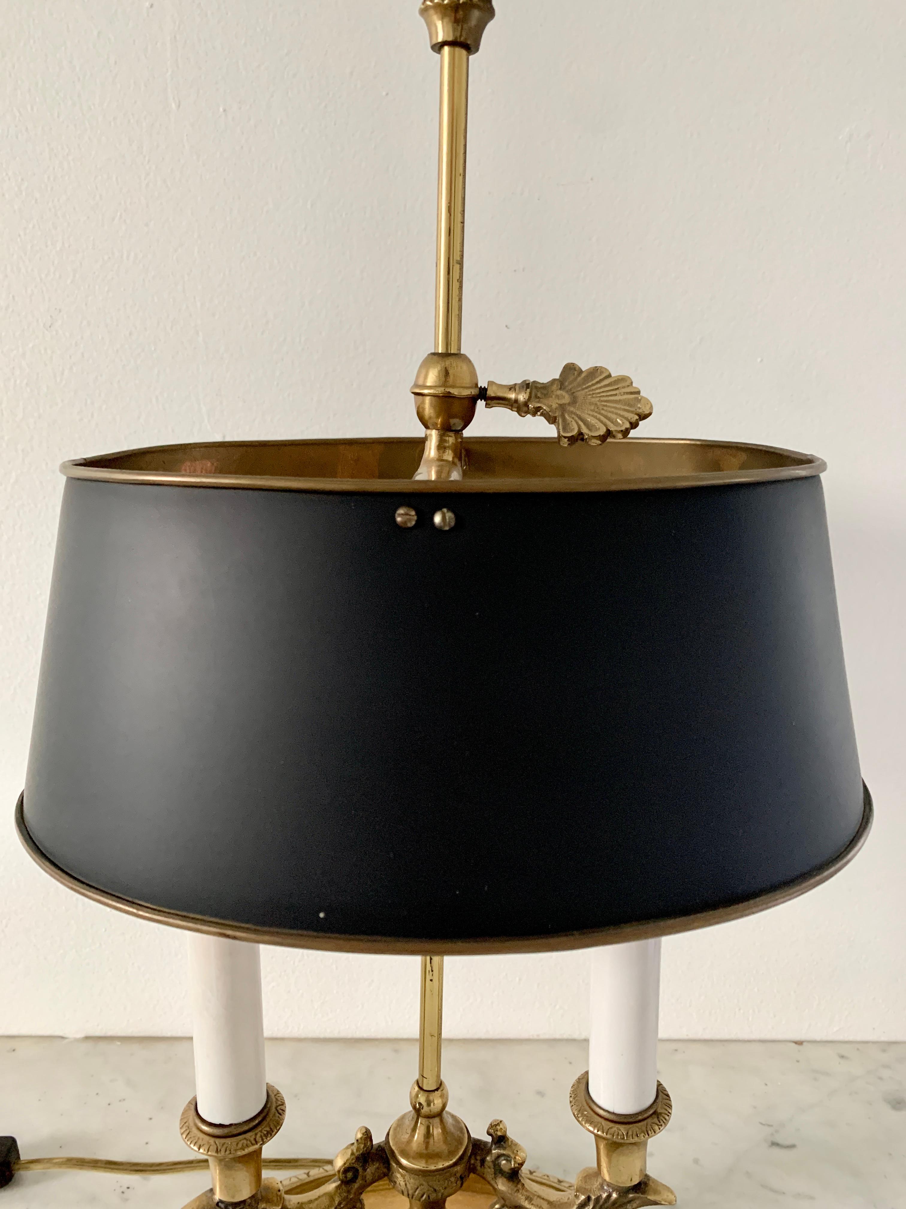 Mid-20th Century French Brass Bouillotte Lamp with Black Tole Shade In Good Condition In Elkhart, IN