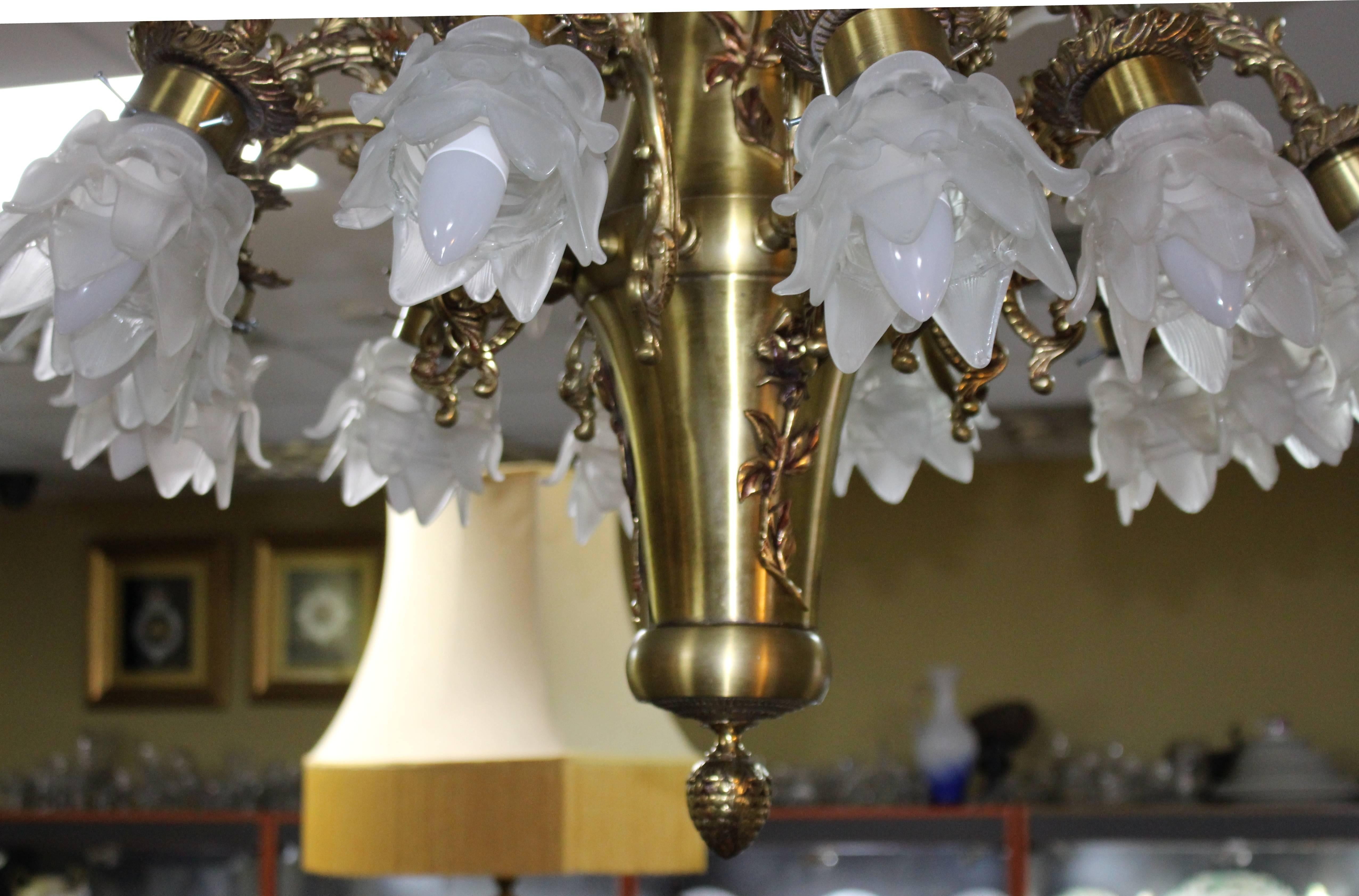 Mid-20th Century French Brass Chandelier with Glass Shades For Sale 2