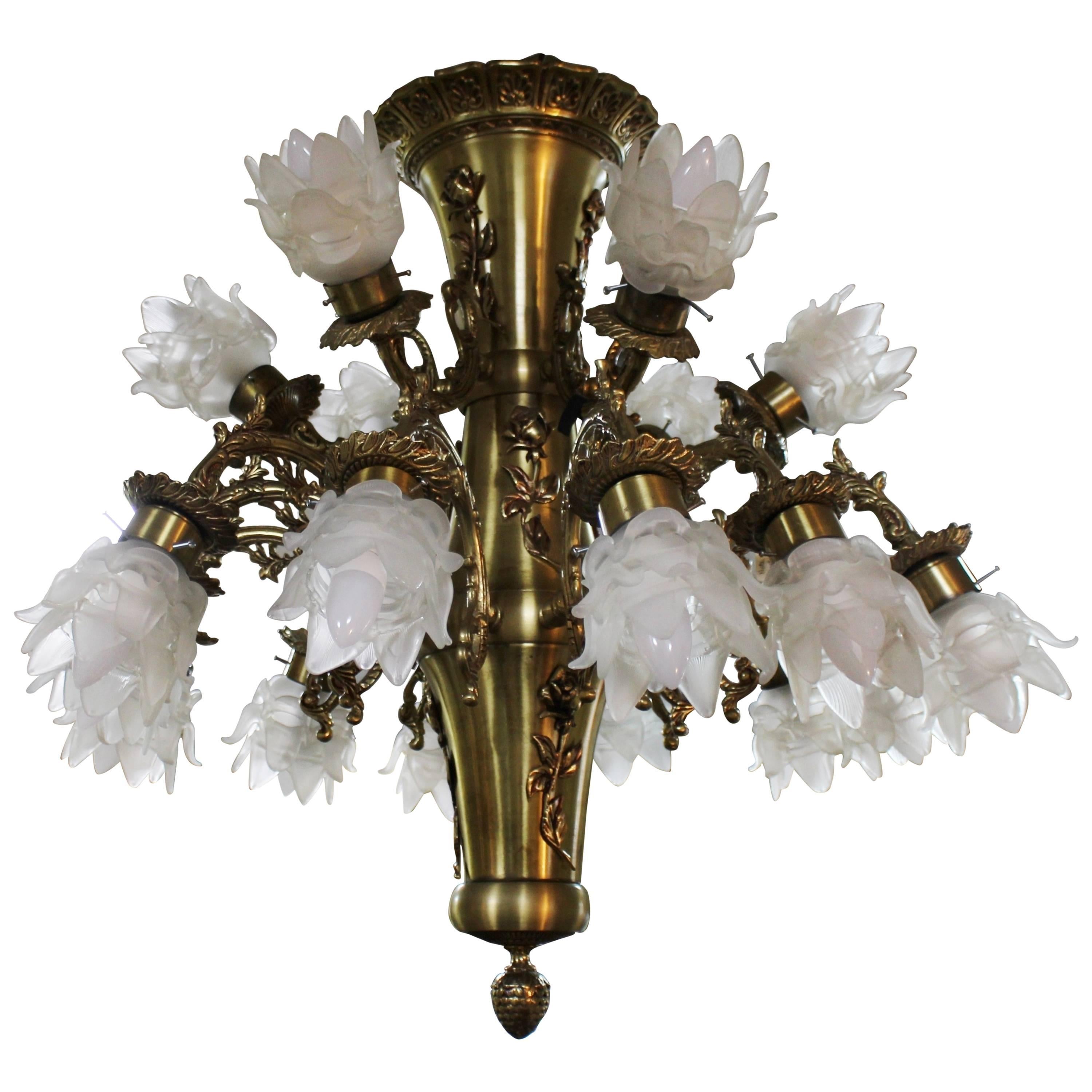 Mid-20th Century French Brass Chandelier with Glass Shades For Sale