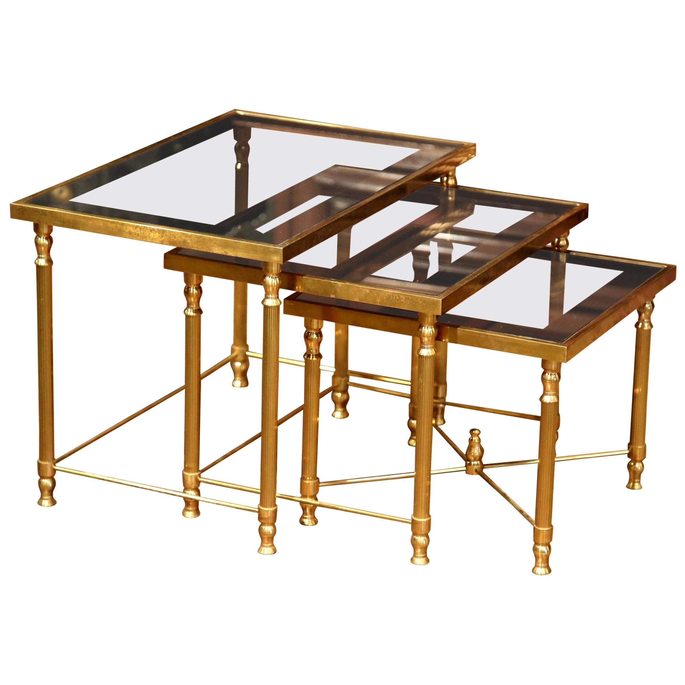 Mid-20th Century French Brass & Glass Nesting Tables Bagues Style, Set of Three