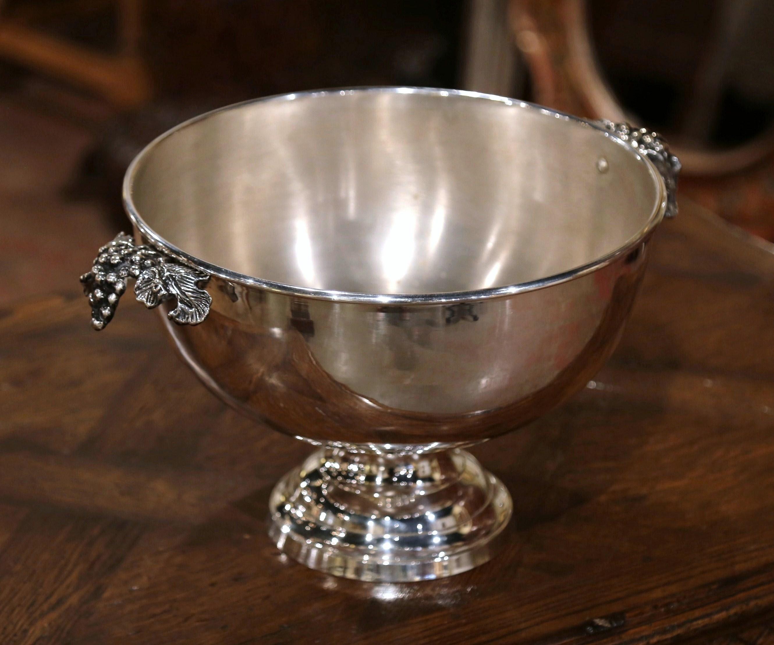 Hand-Crafted Mid-20th Century French Brass Silver Plated Wine Cooler Bowl with Grape Decor