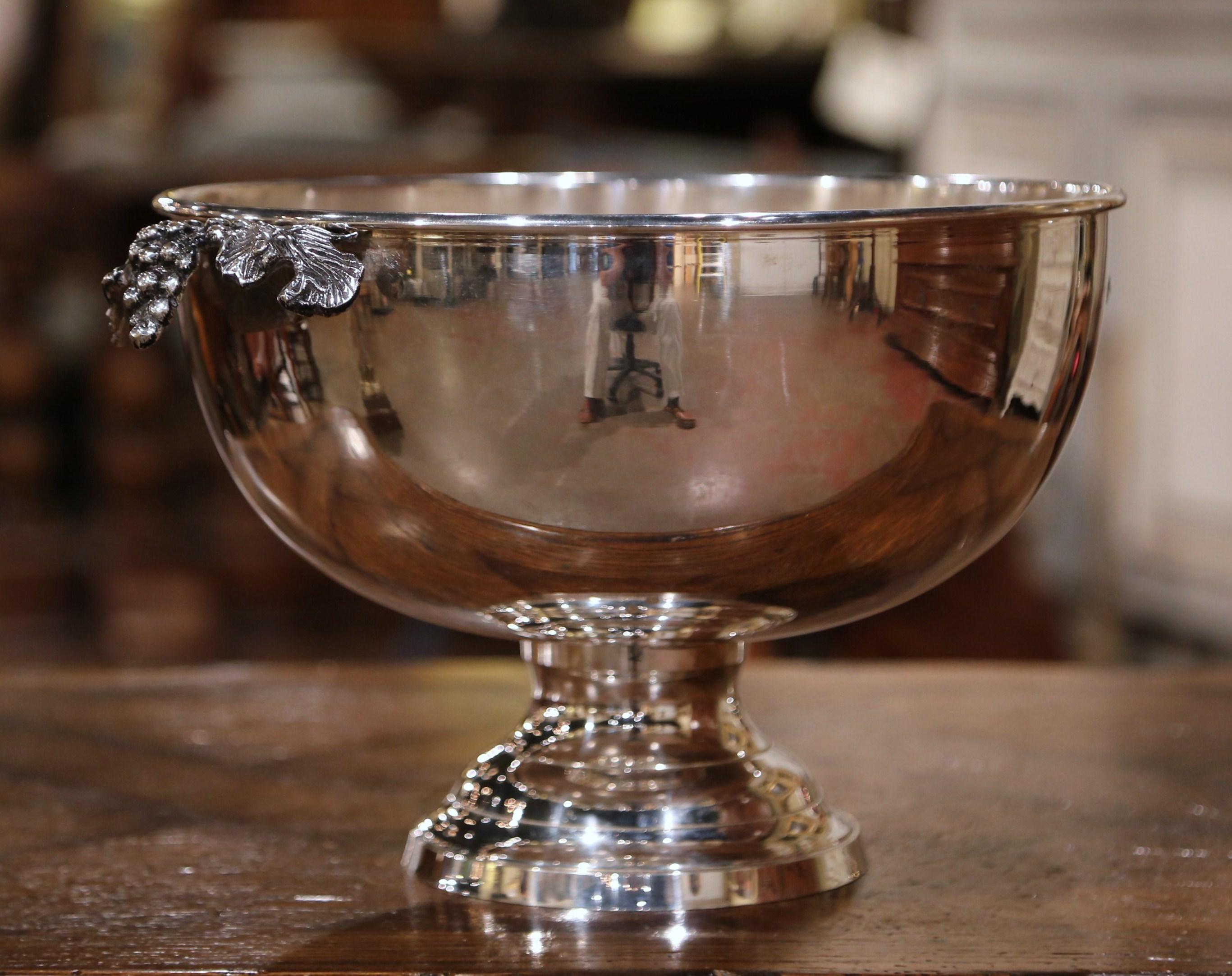 Mid-20th Century French Brass Silver Plated Wine Cooler Bowl with Grape Decor In Excellent Condition In Dallas, TX