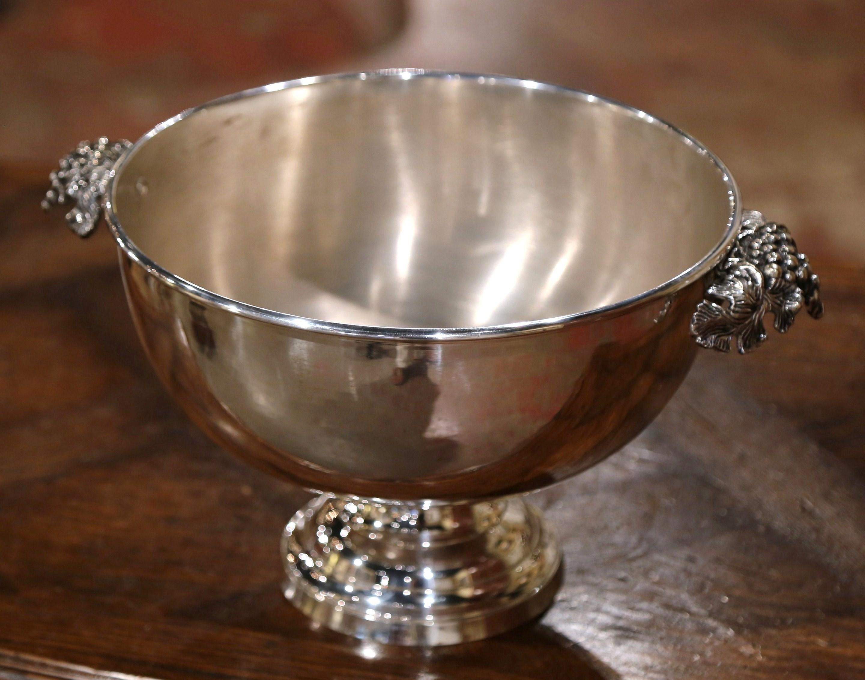 Metal Mid-20th Century French Brass Silver Plated Wine Cooler Bowl with Grape Decor