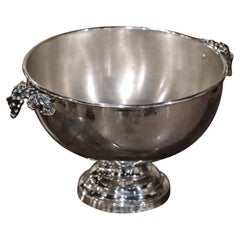 Vintage Mid-20th Century French Brass Silver Plated Wine Cooler Bowl with Grape Decor