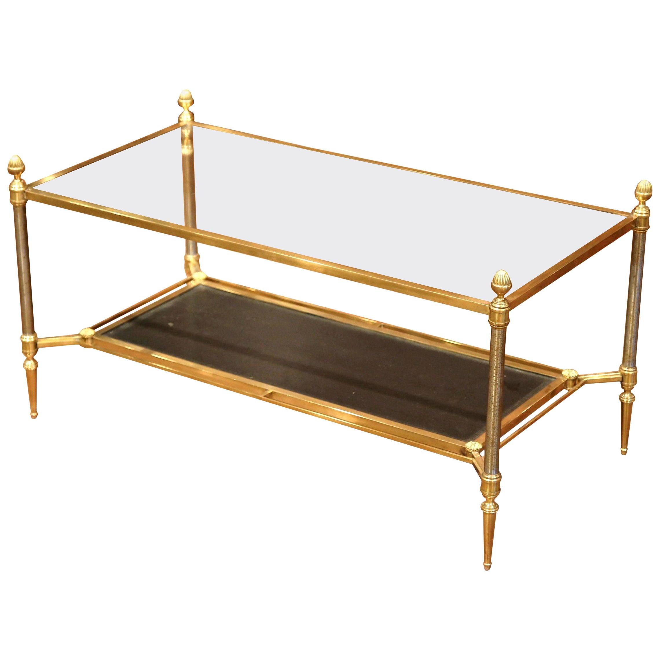 Mid-20th Century French Brass Steel and Leather Coffee Table from Maison Jansen