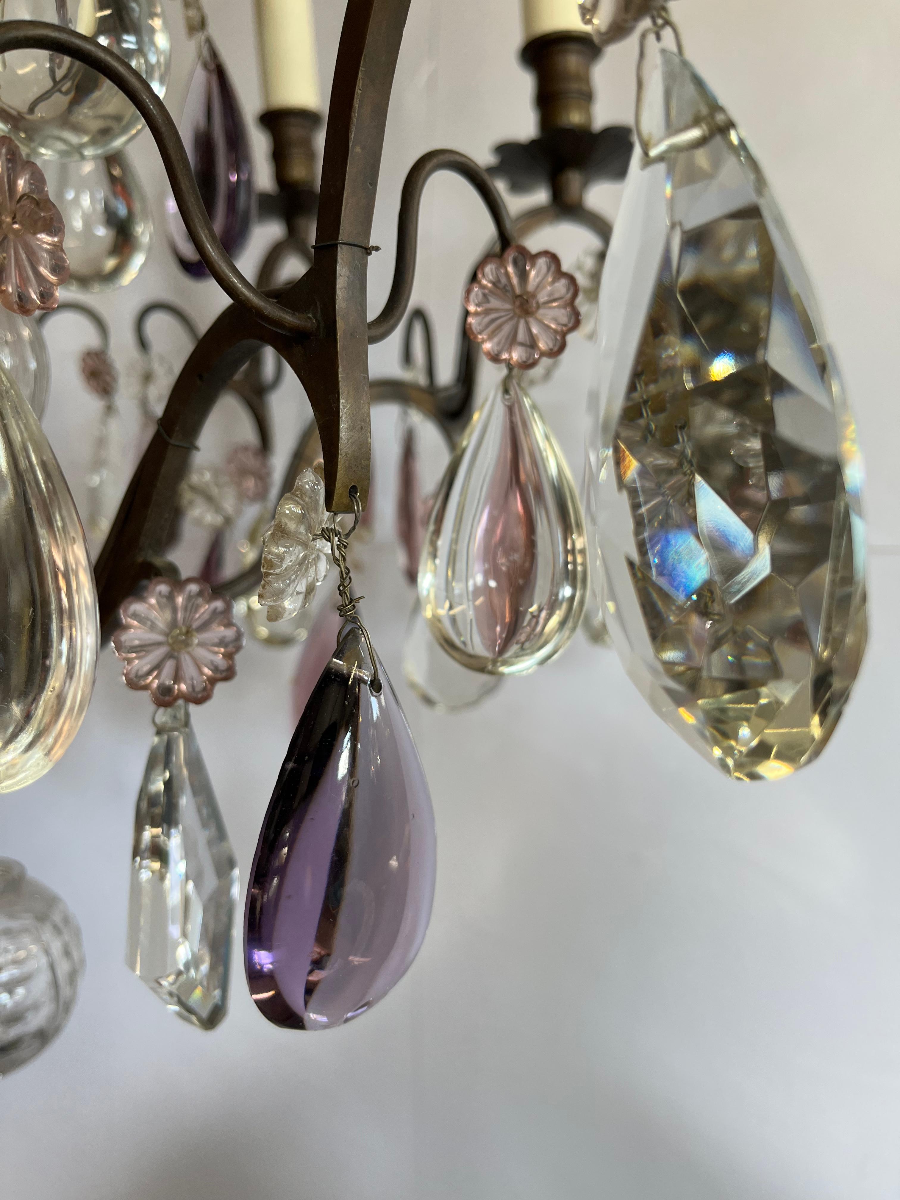 Mid-20th Century French Bronze 7 Light Chandelier with Amethyst Pear Drops For Sale 2