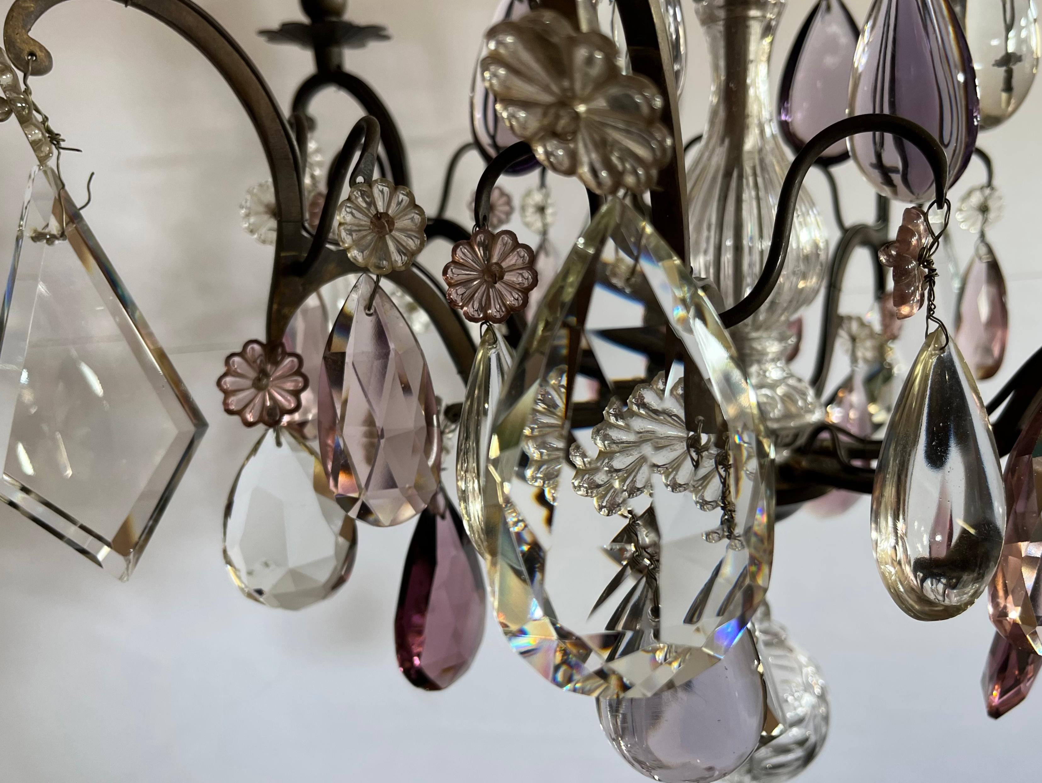 Mid-20th Century French Bronze 7 Light Chandelier with Amethyst Pear Drops For Sale 1