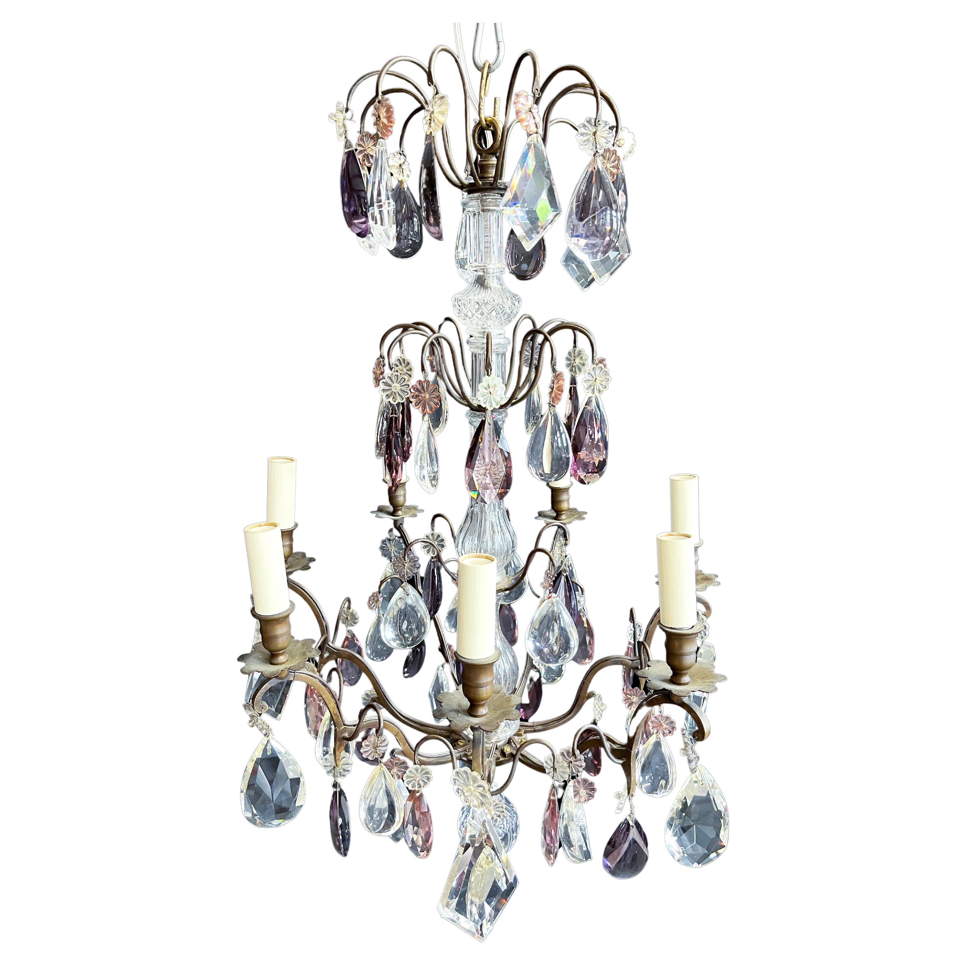 Mid-20th Century French Bronze 7 Light Chandelier with Amethyst Pear Drops For Sale