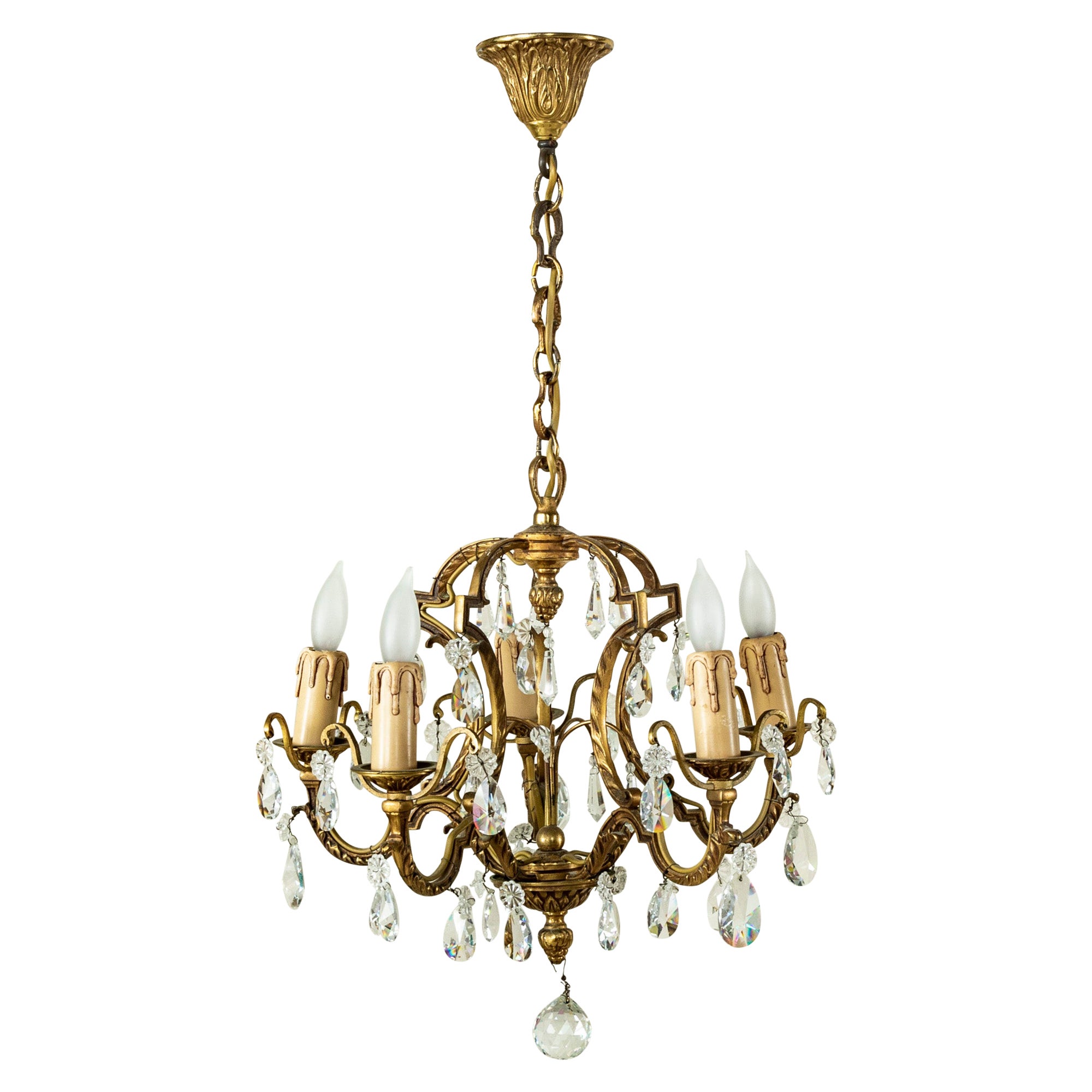 Lampadario francese in bronzo e cristallo di strass della metà del XX secolo