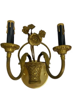 Mid 20th Century French Bronze Basket of Flowers Double Wall Sconces - a Pair