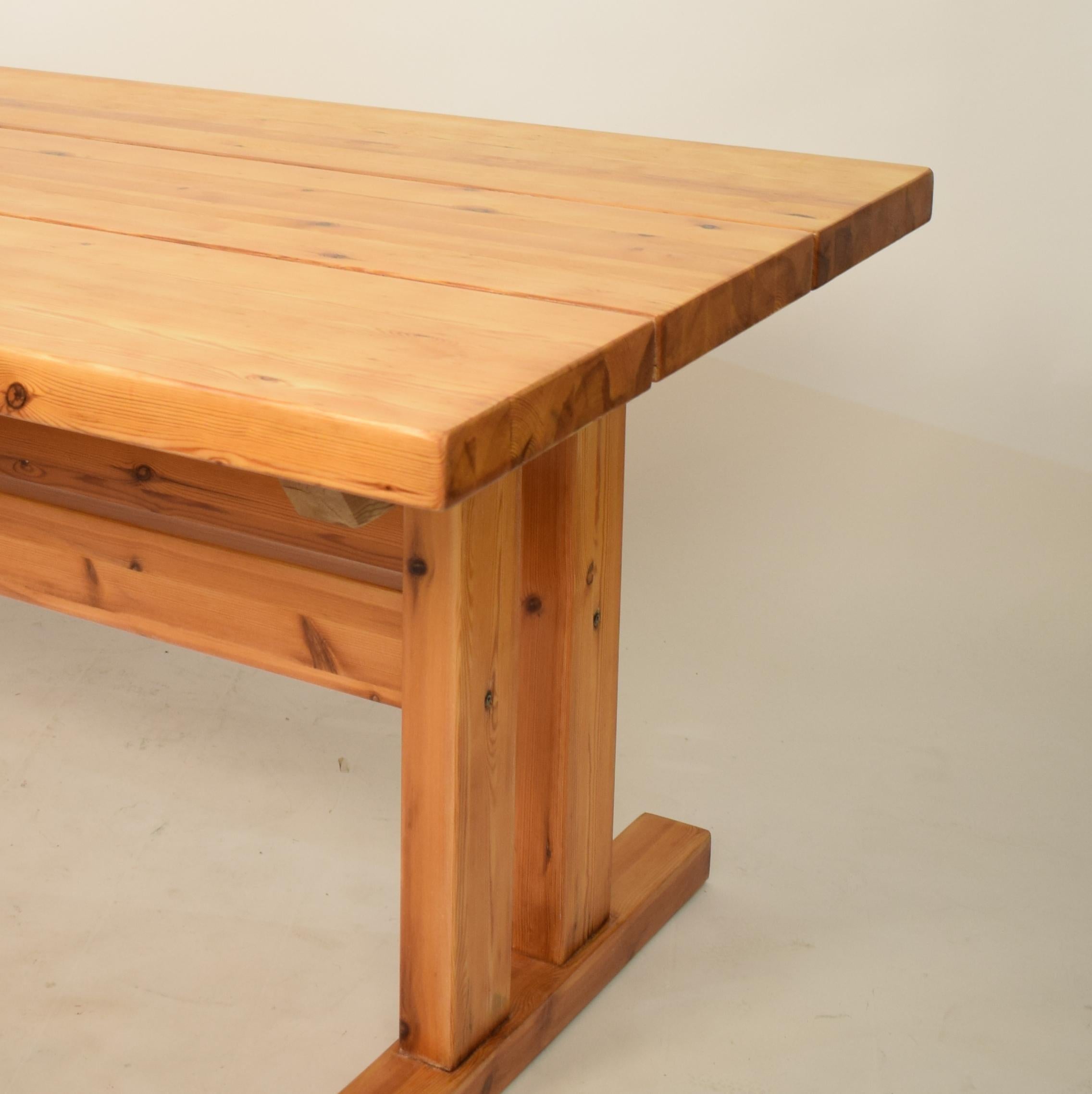 Mid-20th Century French Brutalist Brown Solid Pine Trestle Dining Table, 1970s 6