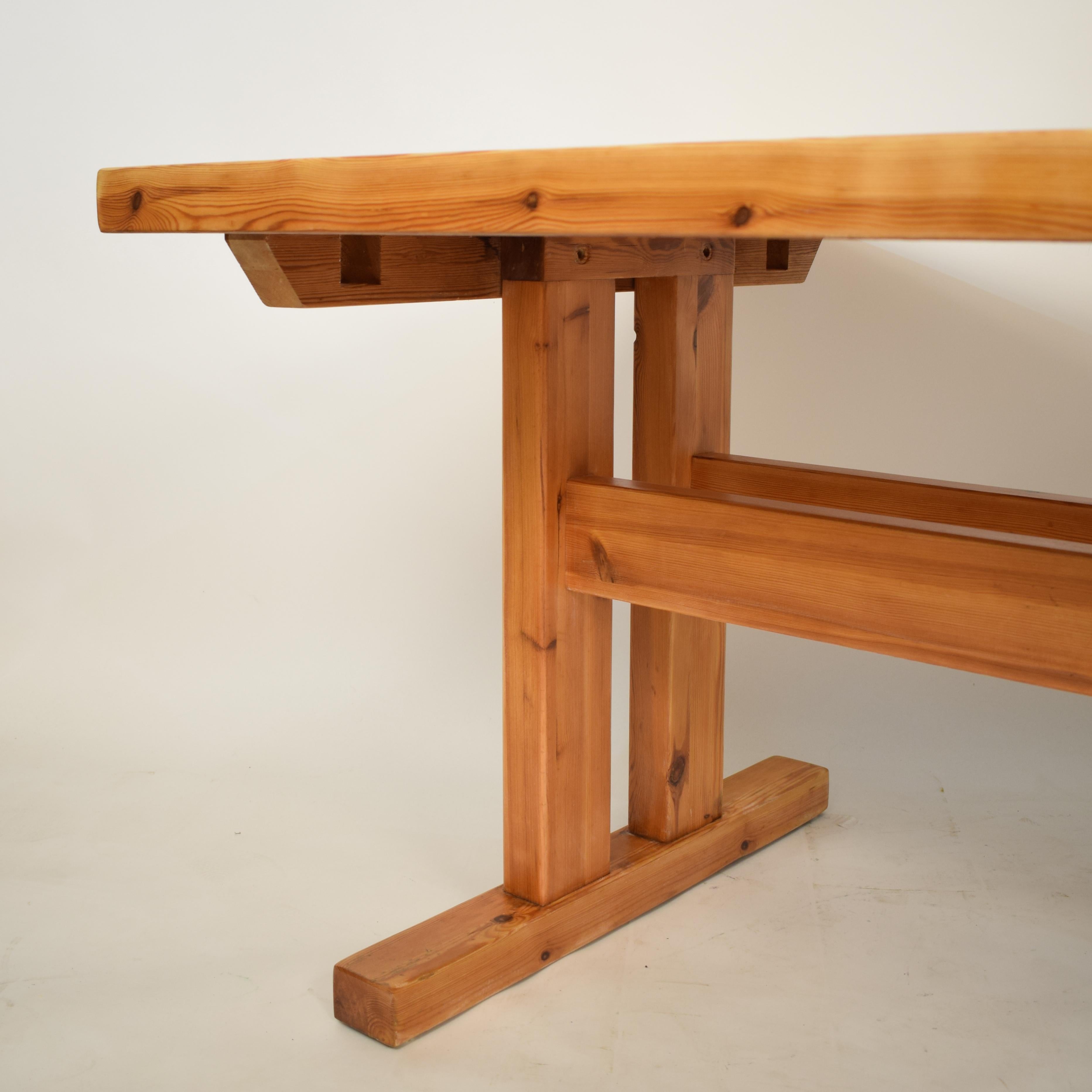 Mid-20th Century French Brutalist Brown Solid Pine Trestle Dining Table, 1970s 10