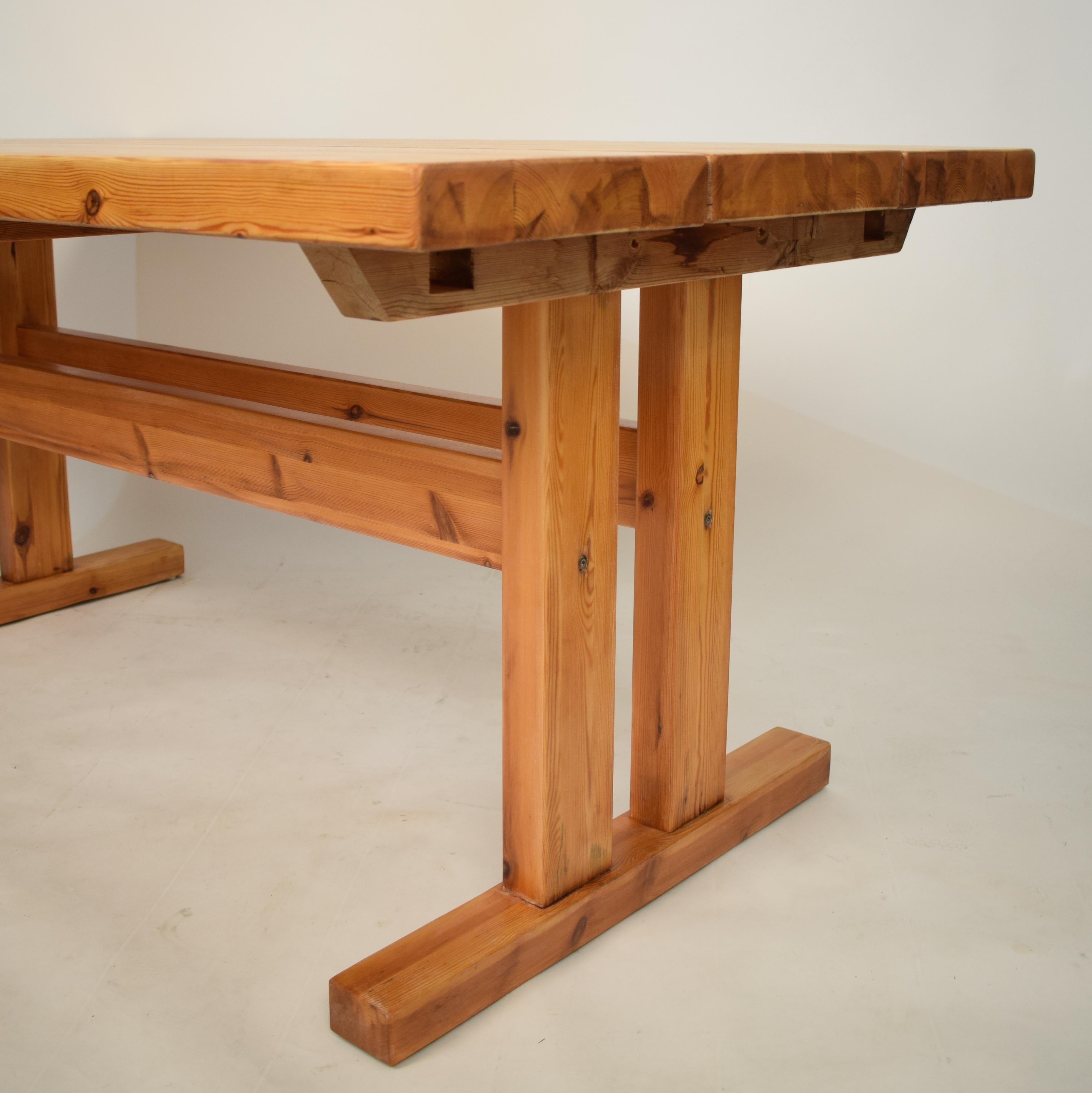 Mid-20th Century French Brutalist Brown Solid Pine Trestle Dining Table, 1970s 11