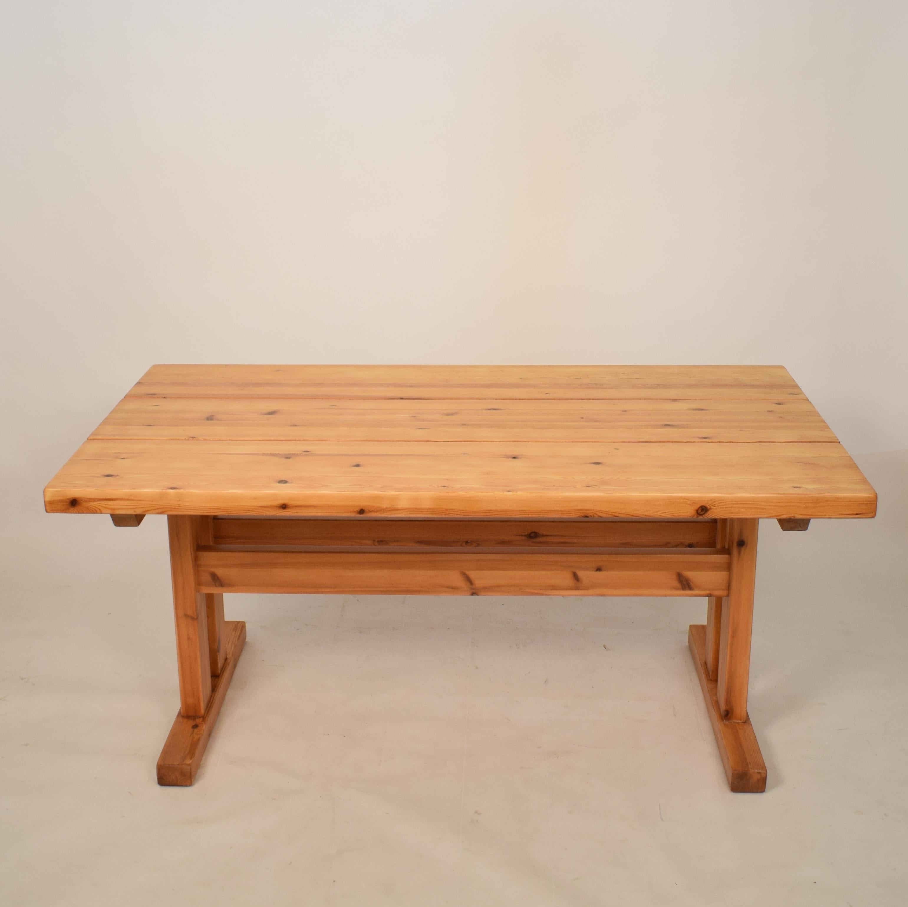 Mid-Century Modern Mid-20th Century French Brutalist Brown Solid Pine Trestle Dining Table, 1970s