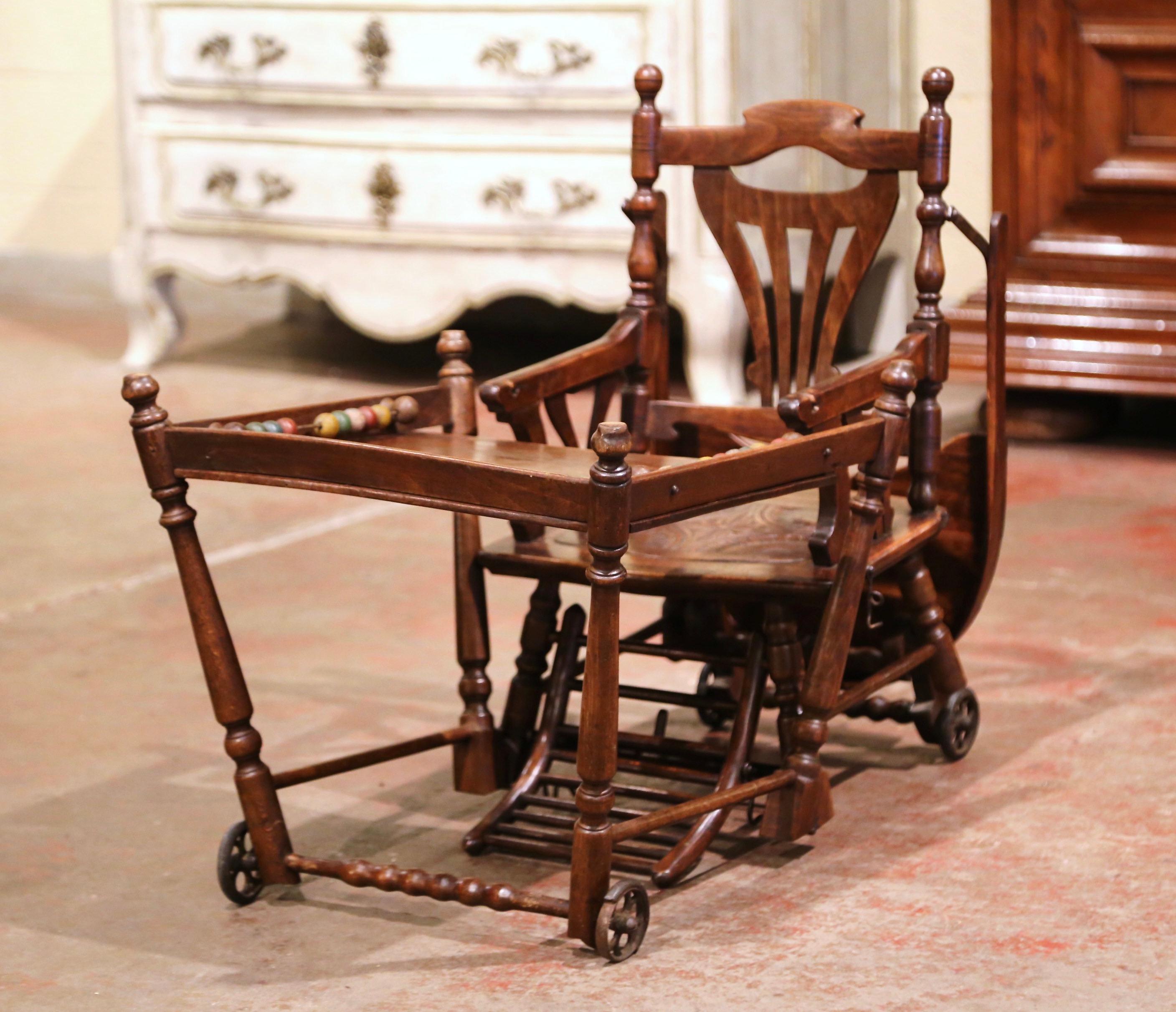 Mid-20th Century French Carved Folding Up and Down Child High Chair on Wheels 3