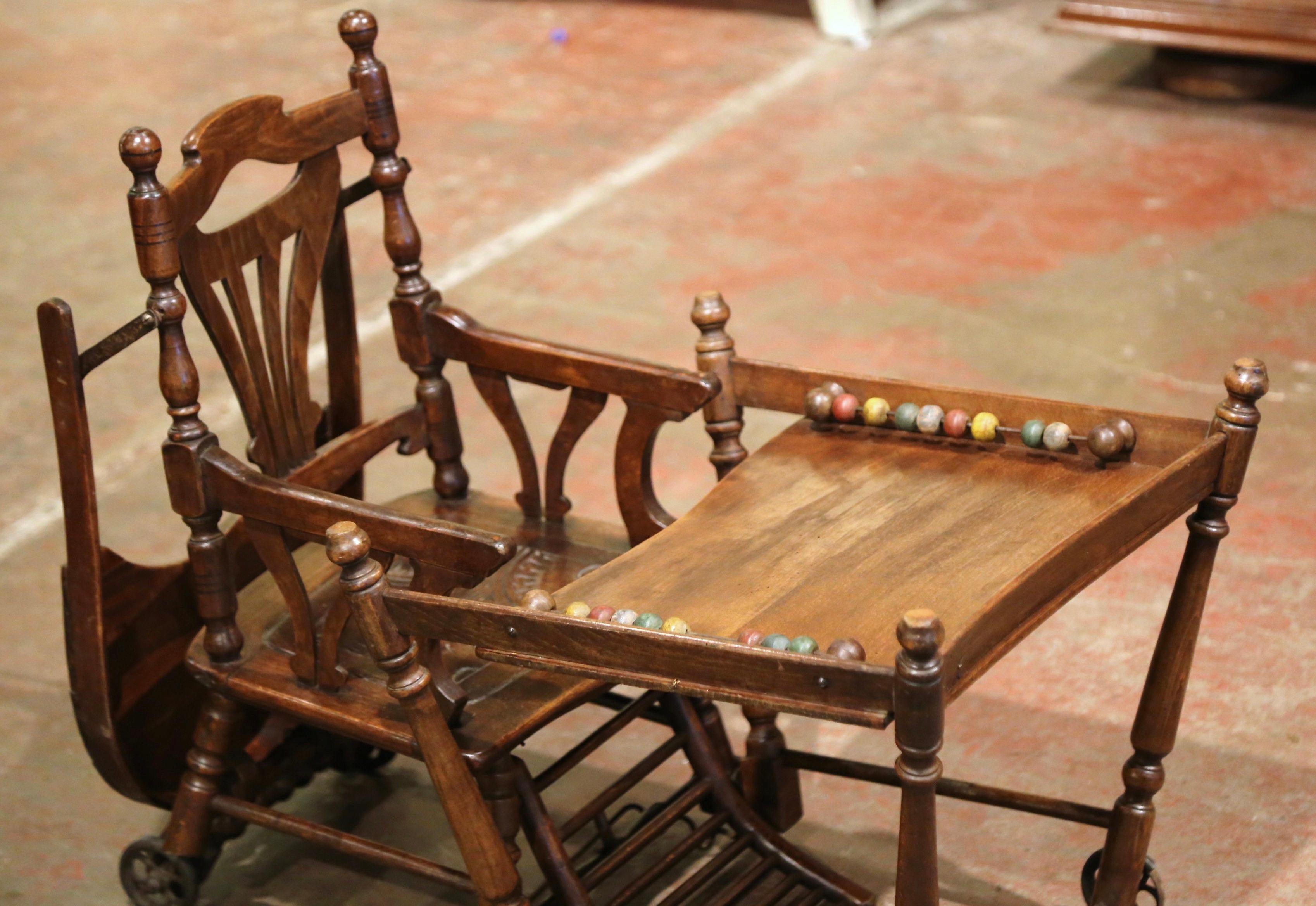 Mid-20th Century French Carved Folding Up and Down Child High Chair on Wheels 5