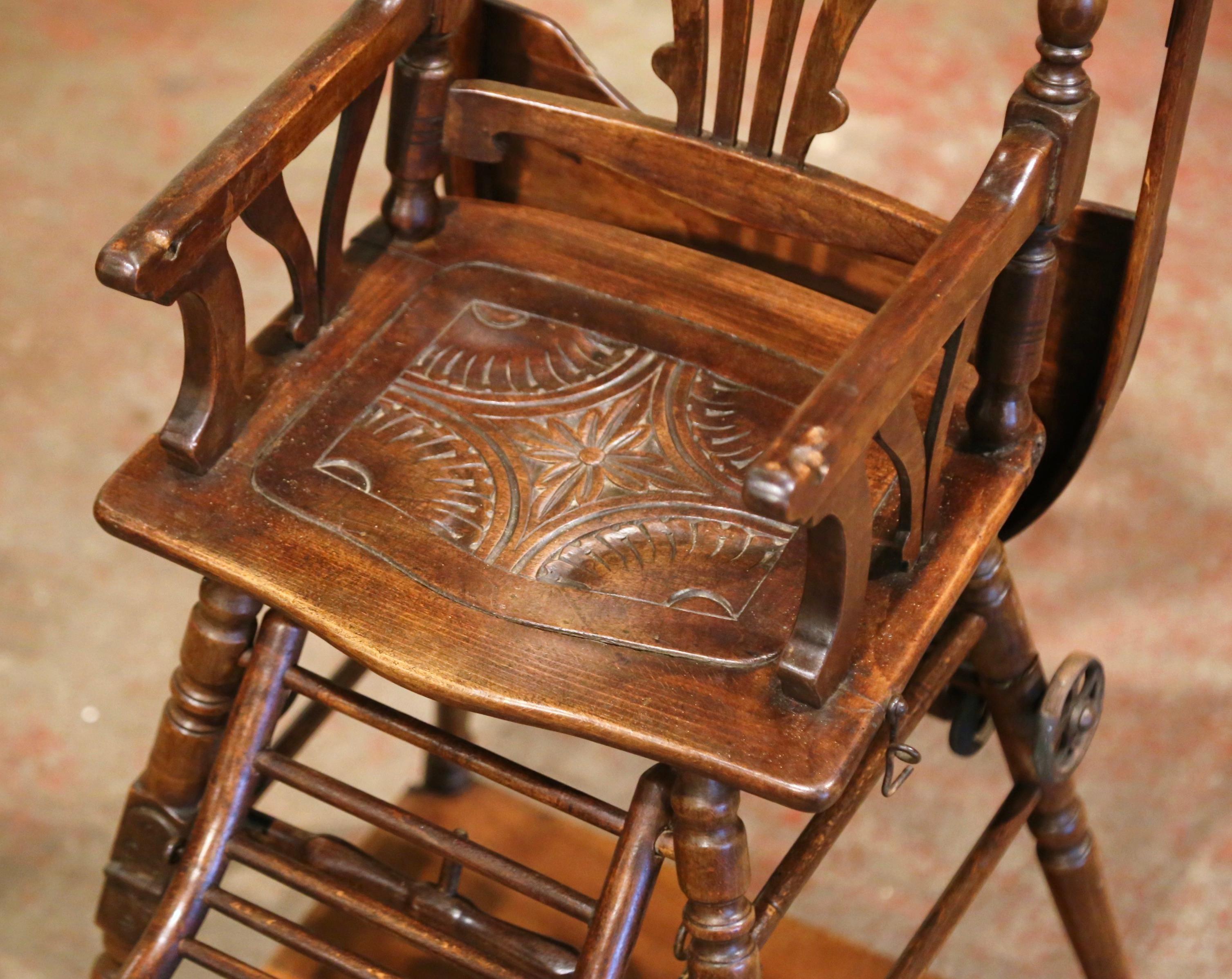 Hand-Crafted Mid-20th Century French Carved Folding Up and Down Child High Chair on Wheels