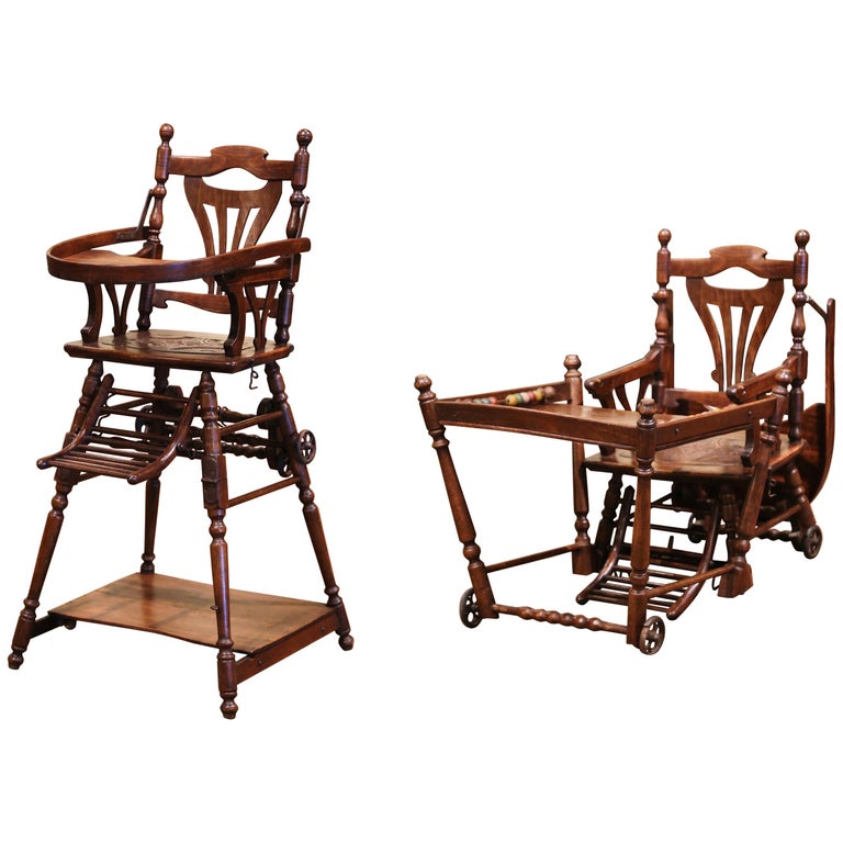 Mid20th Century French Carved Folding Up and Down Child High Chair on