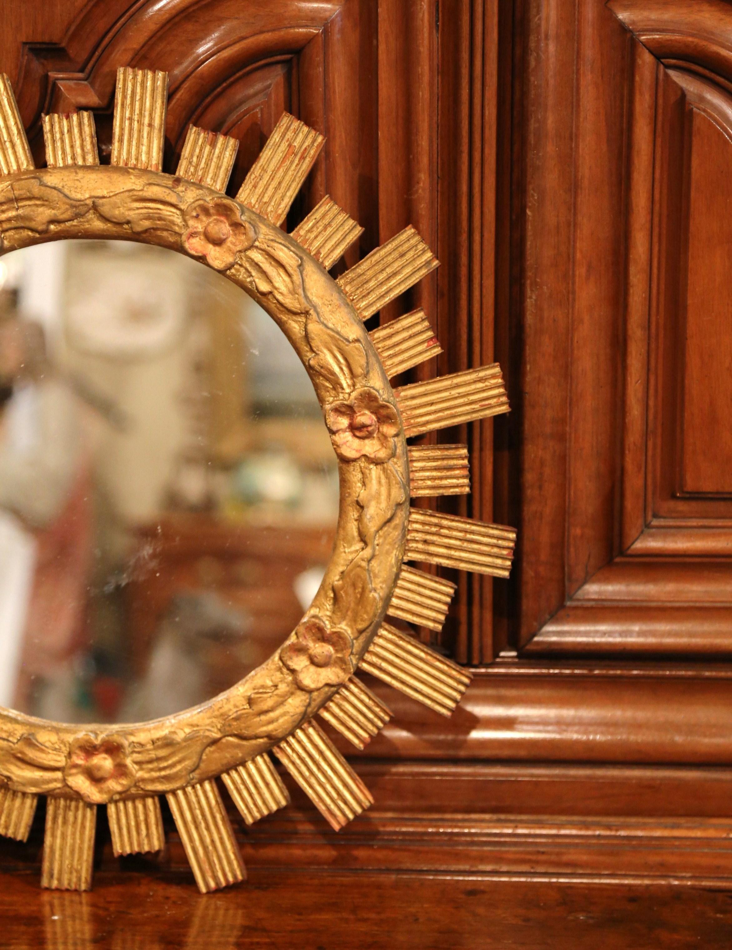 Mid-20th Century French Carved Giltwood Sunburst Mirror with Floral Decor 2