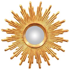 Mid-20th Century French Carved Giltwood Sunburst Mirror with Convex Glass