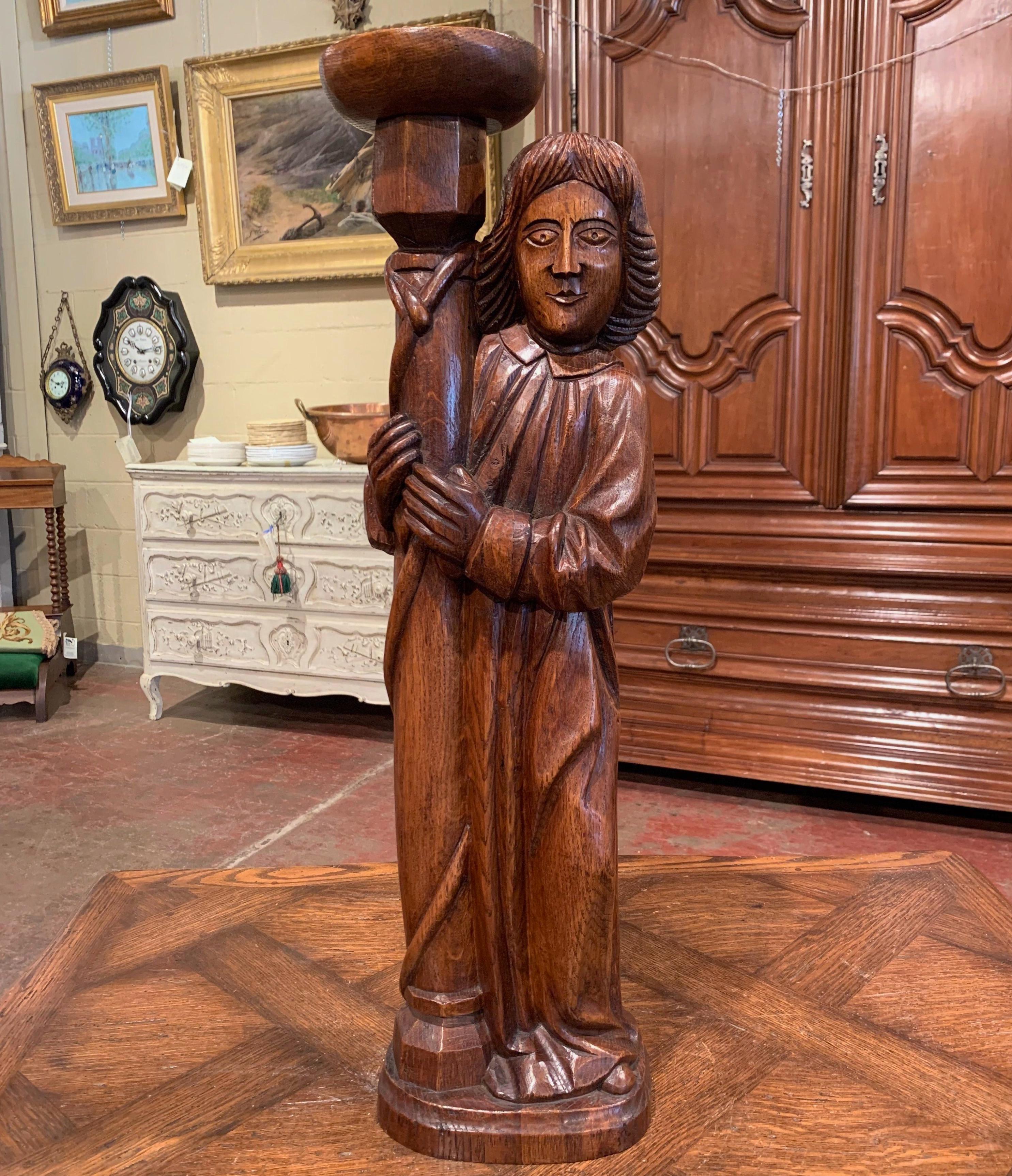 Mid-20th Century French Carved Oak Statuary Candleholder For Sale 1