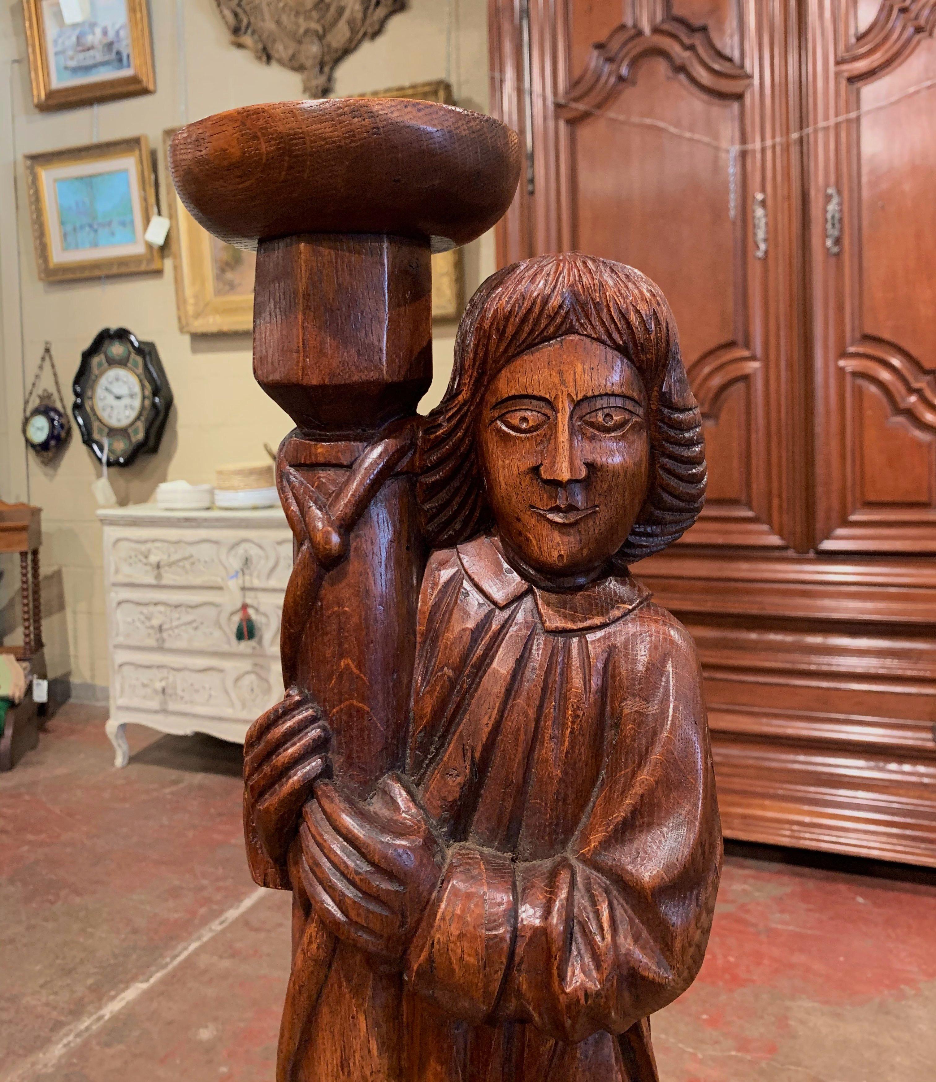 Mid-20th Century French Carved Oak Statuary Candleholder For Sale 2