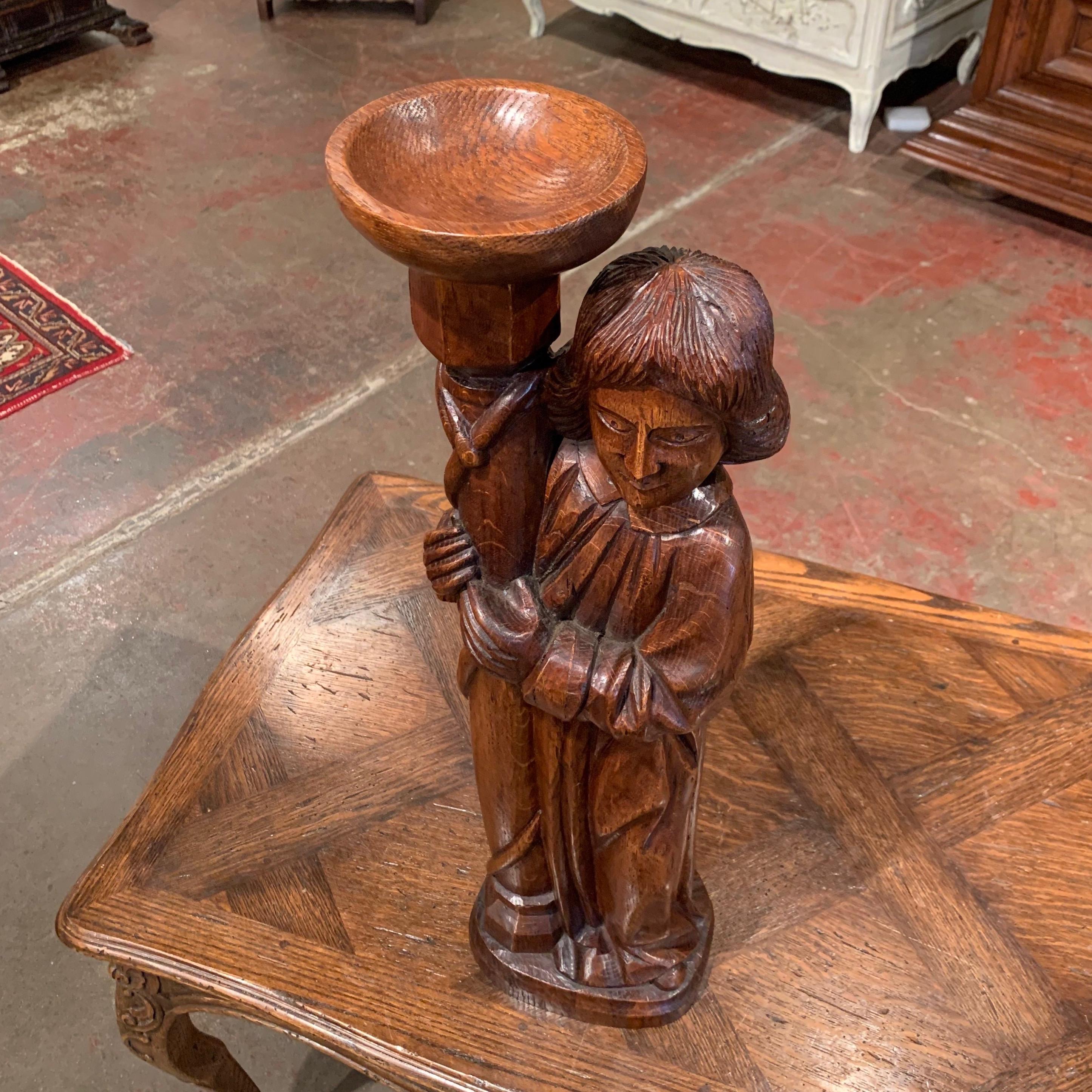 Mid-20th Century French Carved Oak Statuary Candleholder For Sale 3