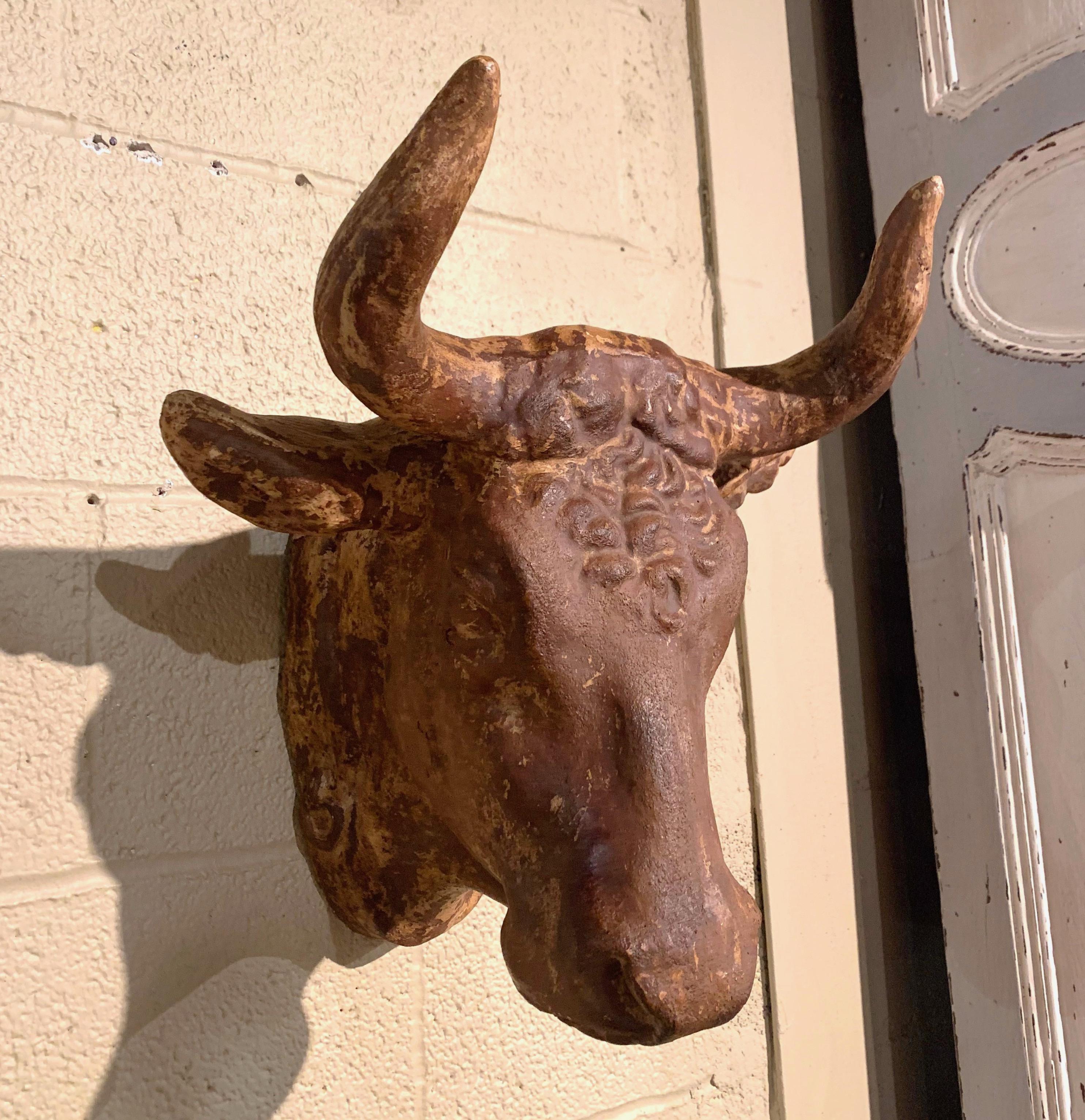 Patinated Mid-20th Century French Carved Terracotta Butcher Cow Head Sculpture