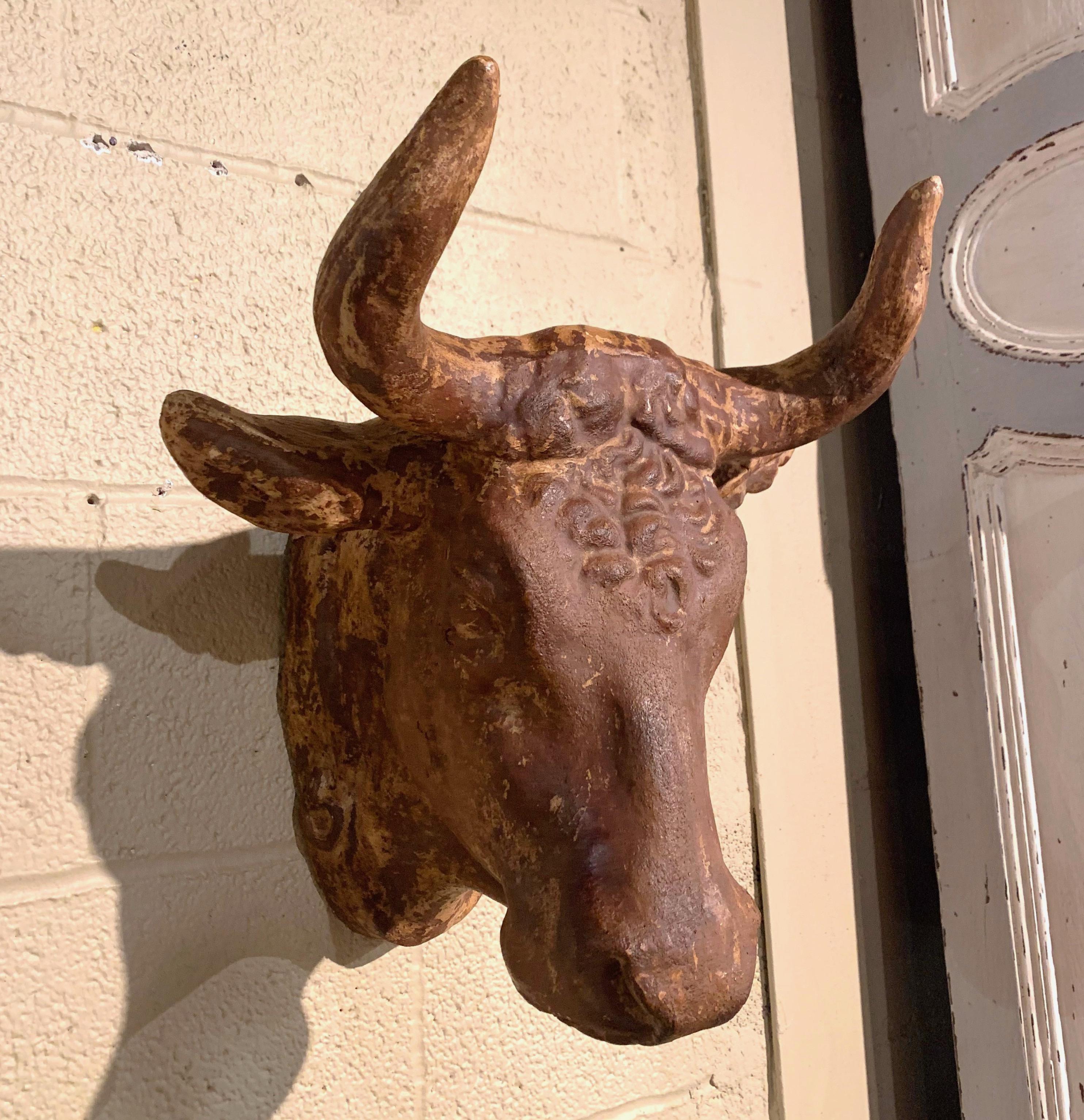 Hand-Crafted Mid-20th Century French Carved Terracotta Butcher Cow Head Sculpture