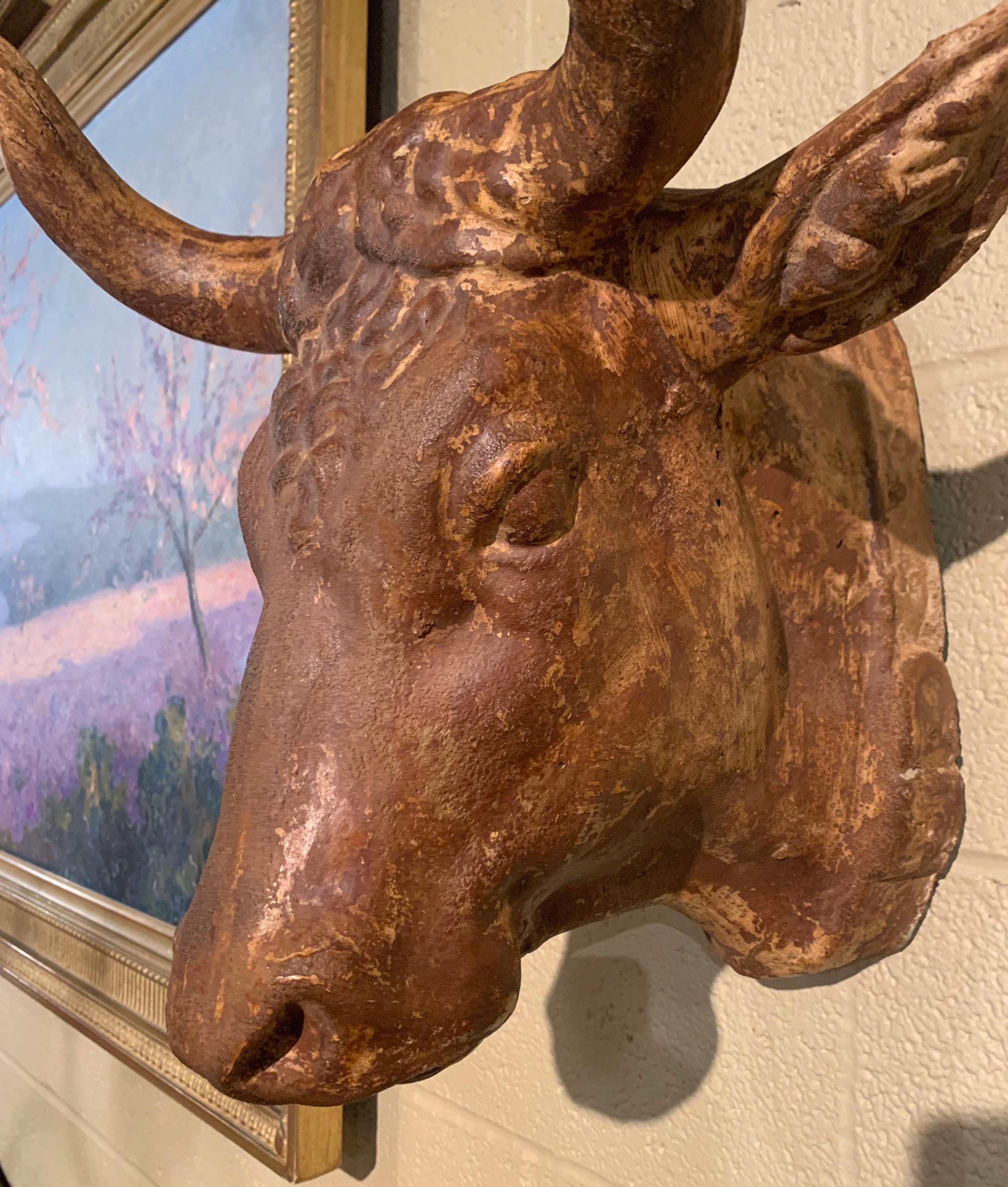 Mid-20th Century French Carved Terracotta Butcher Cow Head Sculpture 1