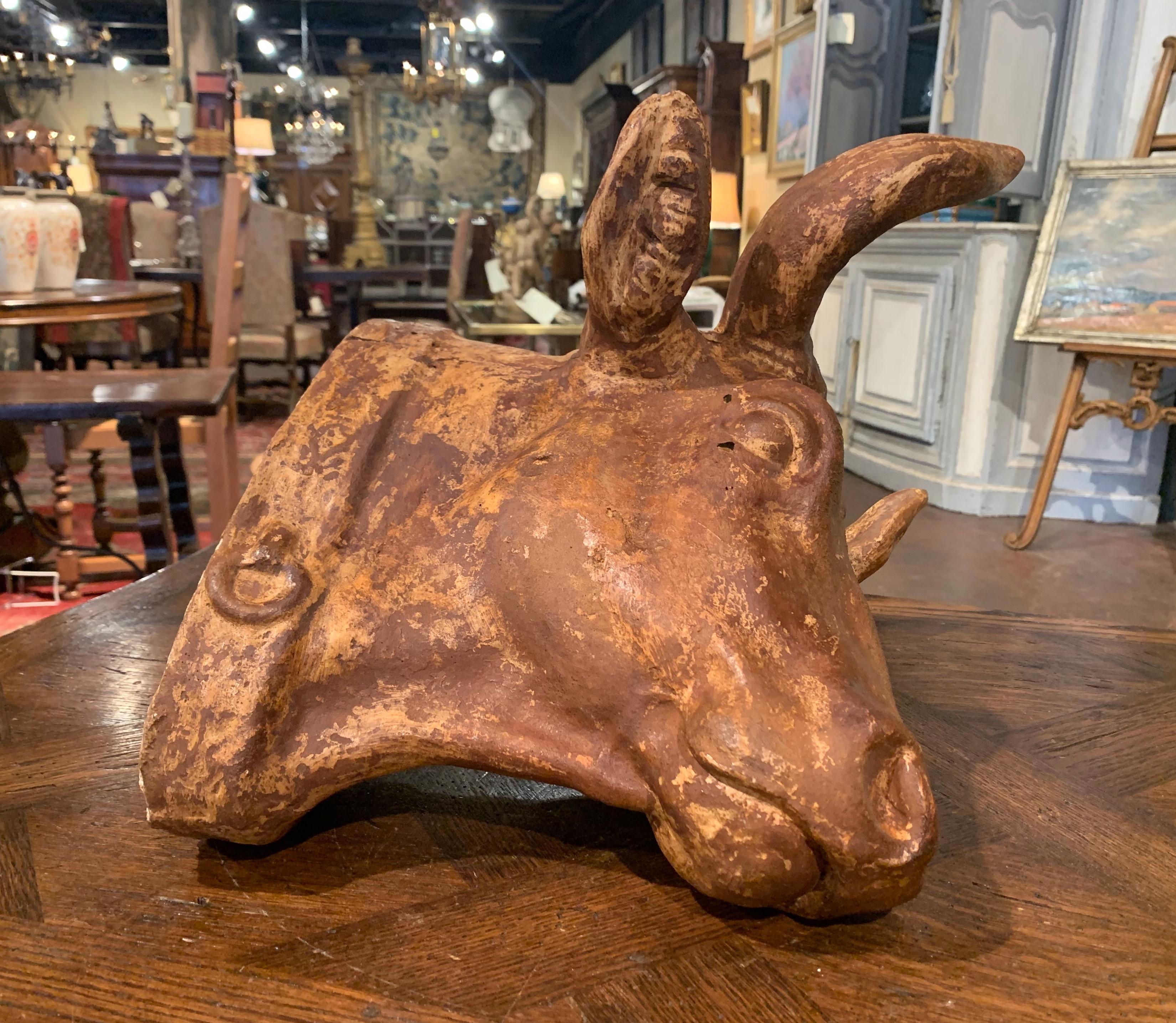 Mid-20th Century French Carved Terracotta Butcher Cow Head Sculpture 2