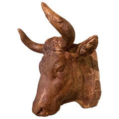 Mid-20th Century French Carved Terracotta Butcher Cow Head Sculpture