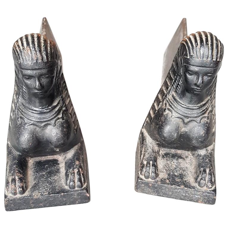 Mid-20th Century French Cast Iron Andirons with Sphinx Busts