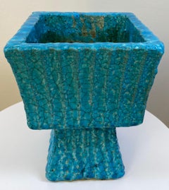 Mid-20th Century French Ceramic Planter with Turquoise Crackle Glaze